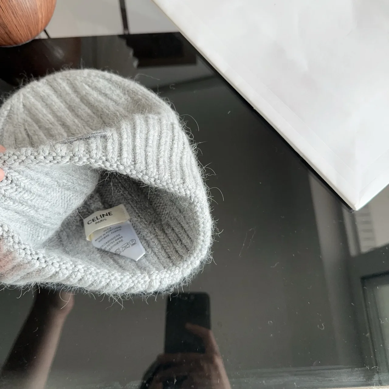 Celine Ribbed Embroidered Beanie in Grey · view 8