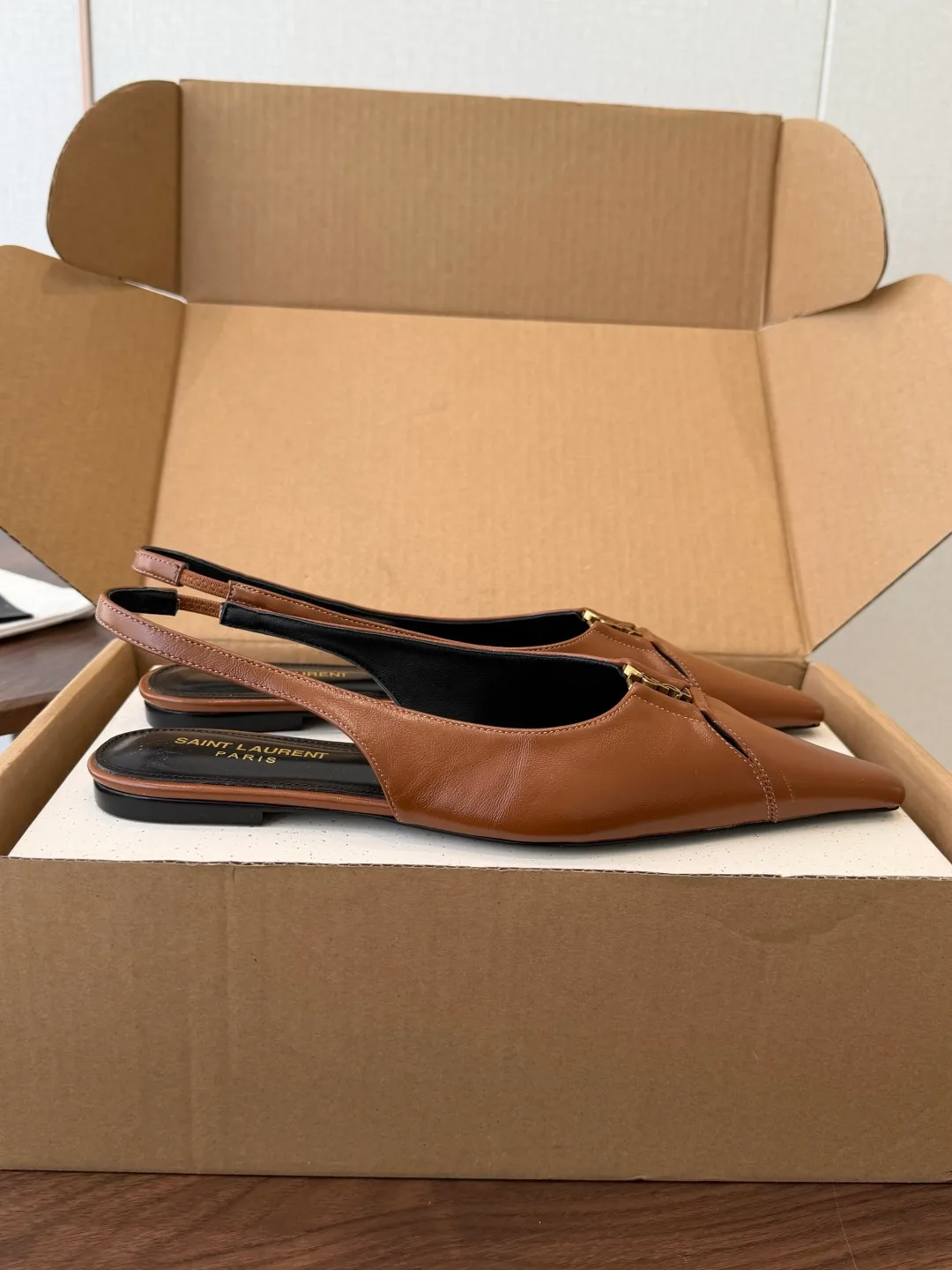 Saint Laurent Sheepskin Pointed-Toe Slingback Shoes in Brown · view 2