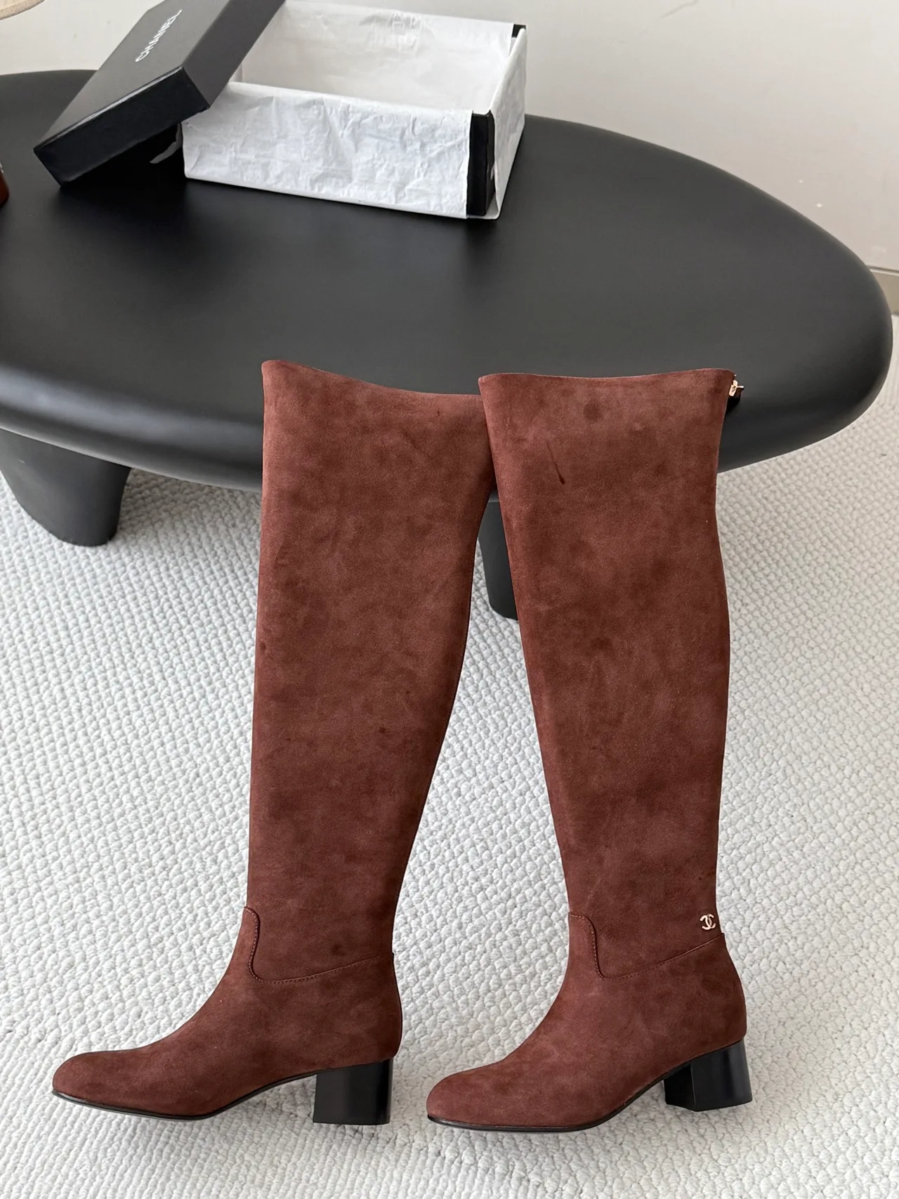 Chanel Sheepskin Suede-Look Knee-High Boots in Brown · view 6