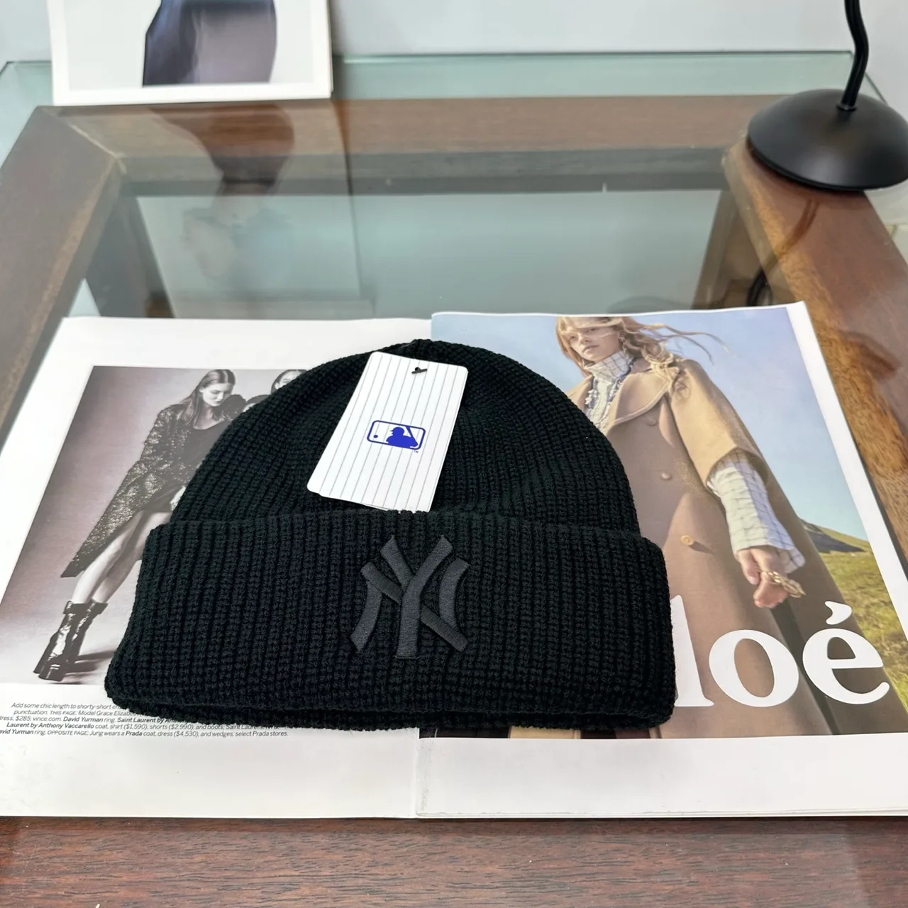 NY Letter Ribbed Beanie in Black · view 1