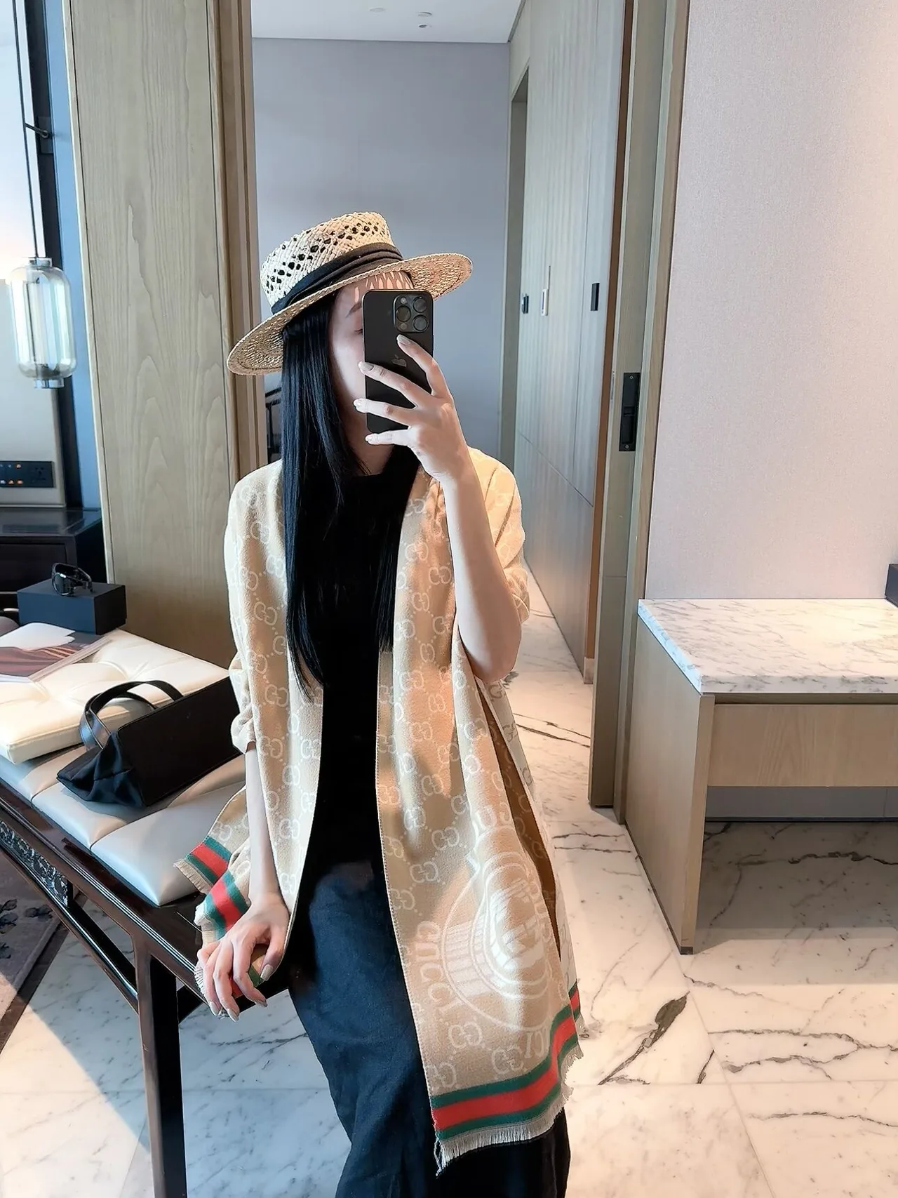 Gucci GG Web Shawl in Blue & Burgundy & Beige · view 8