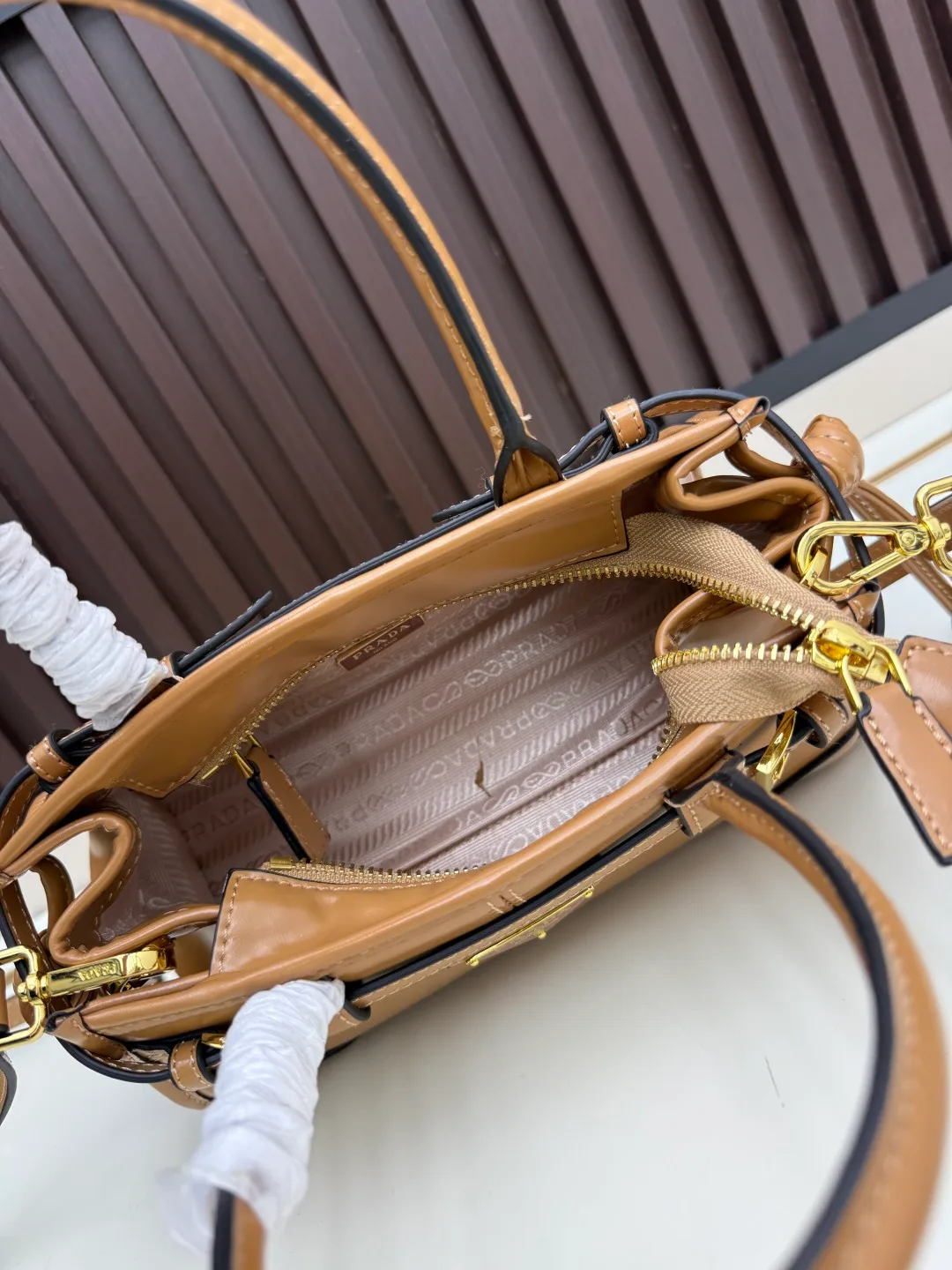Prada Calfskin Top-Handle Bag in Tan · view 7
