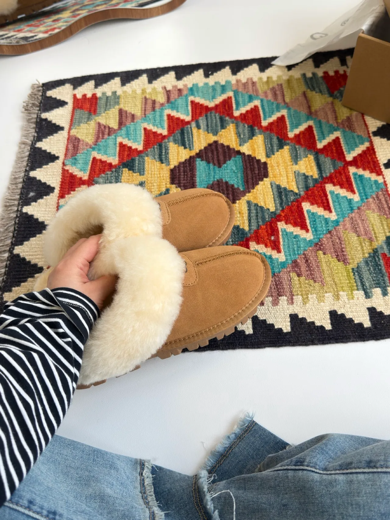 Round-Toe Plush-Cuff Flat Mules in Brown · view 6