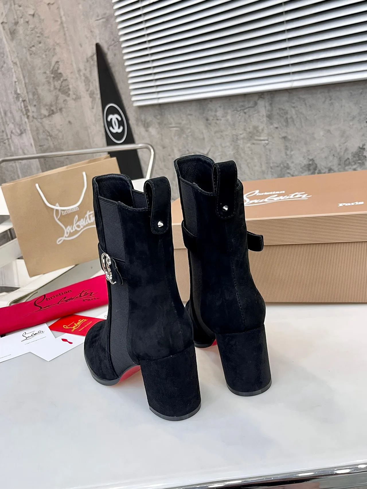 Christian Louboutin Calfskin Suede-Look Pointed-Toe Buckle Ankle Boots in Black · view 8