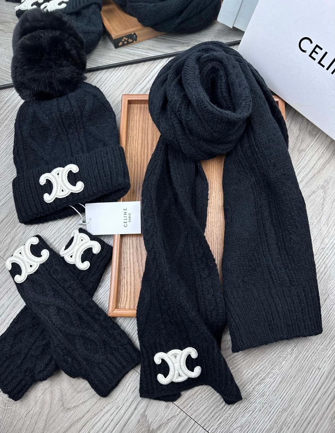 Celine 50% Wool 50% Acrylic Embroidered 3-Piece Set (Hat, Scarf & Gloves) in Black · view 1