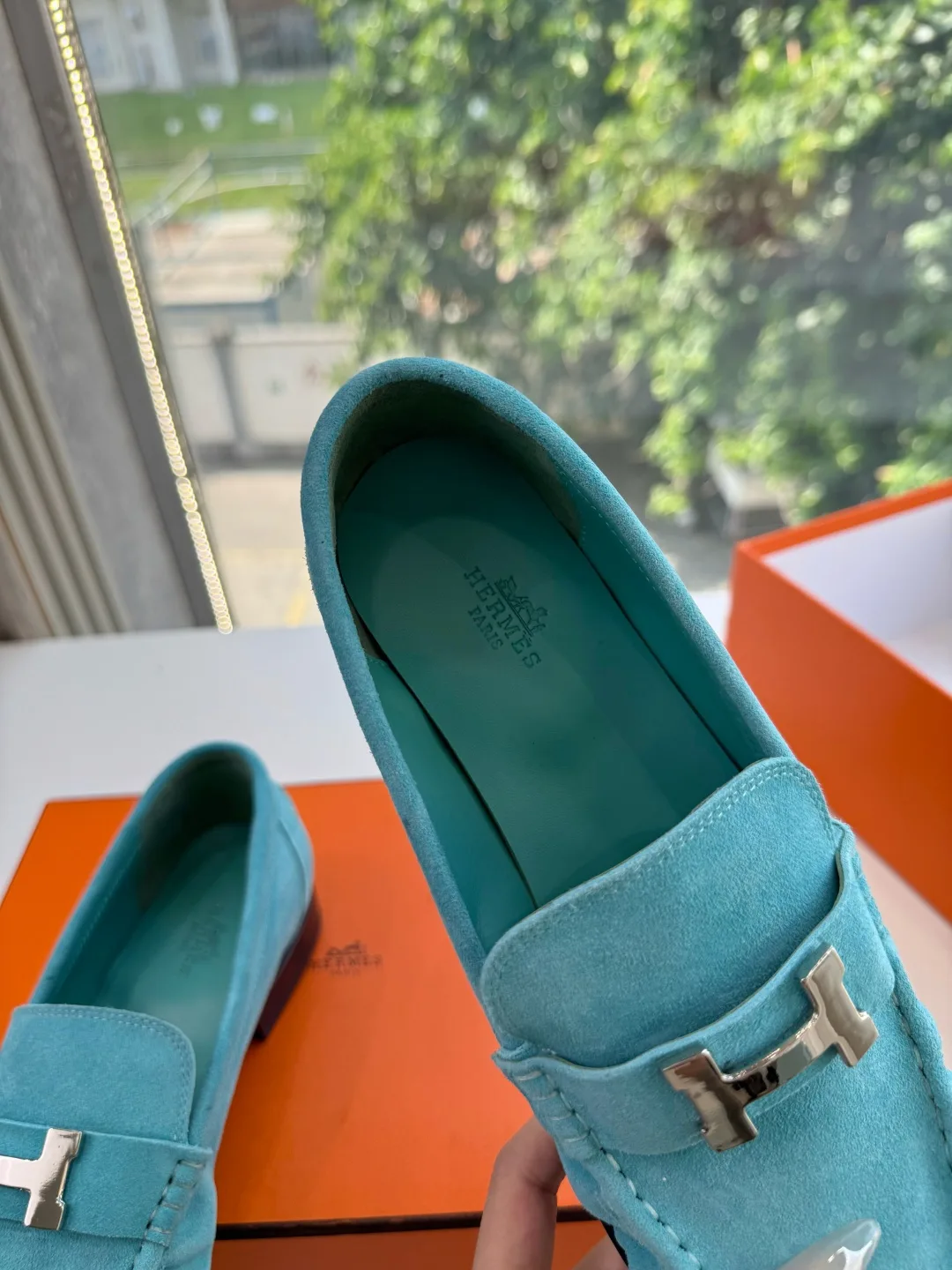 Hermes Calfskin Matte Suede-Look Round-Toe Loafers in Green · view 7
