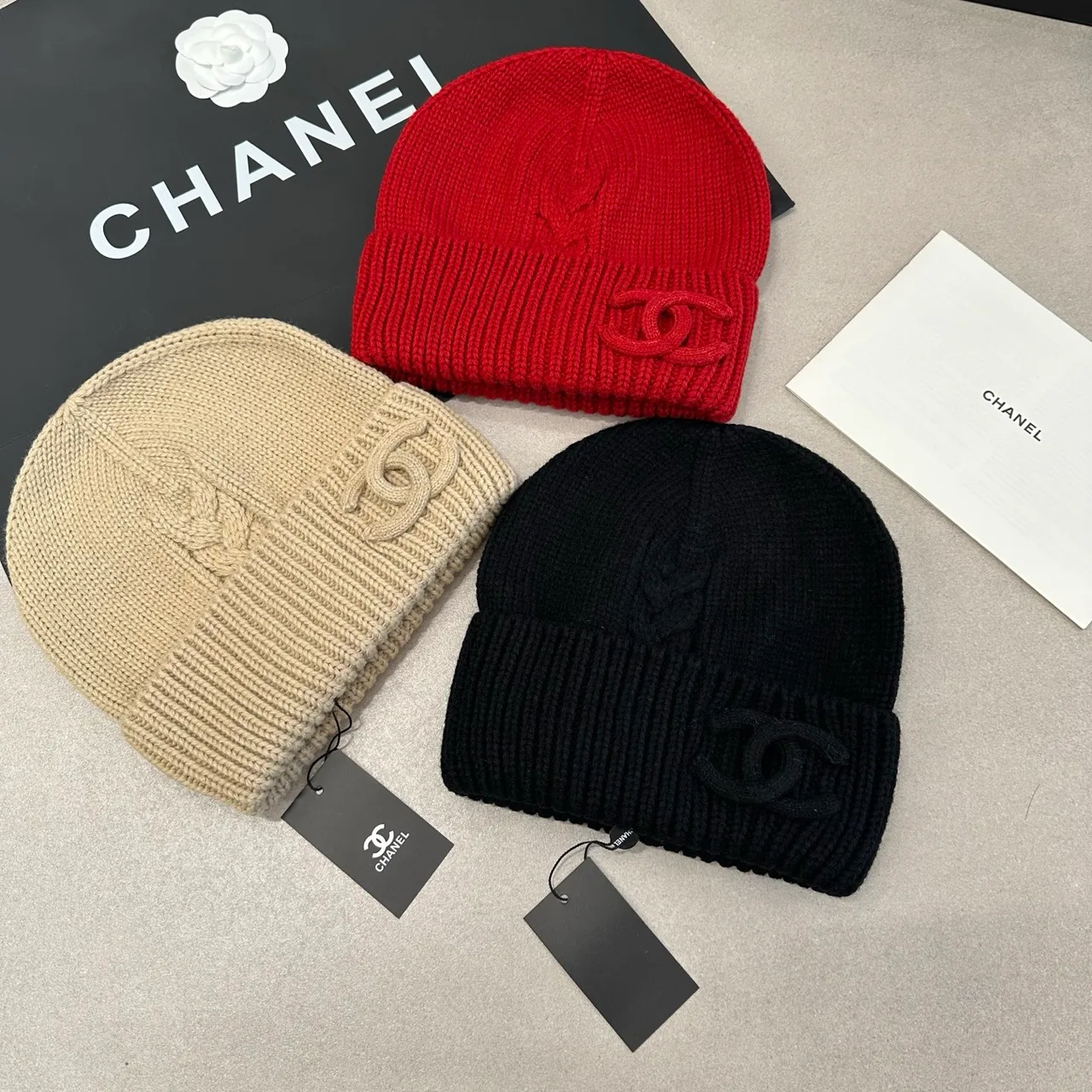Chanel Beanie in White & Black & Red · view 8