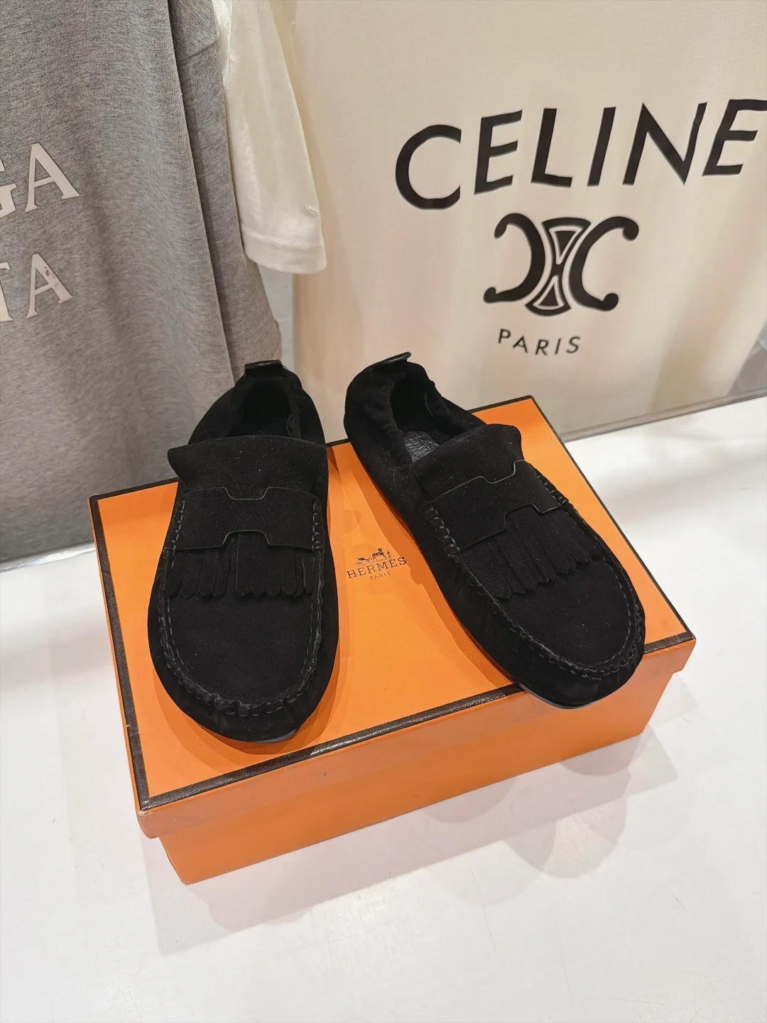 Celine Suede-Look Round-Toe Loafers in Black · view 2