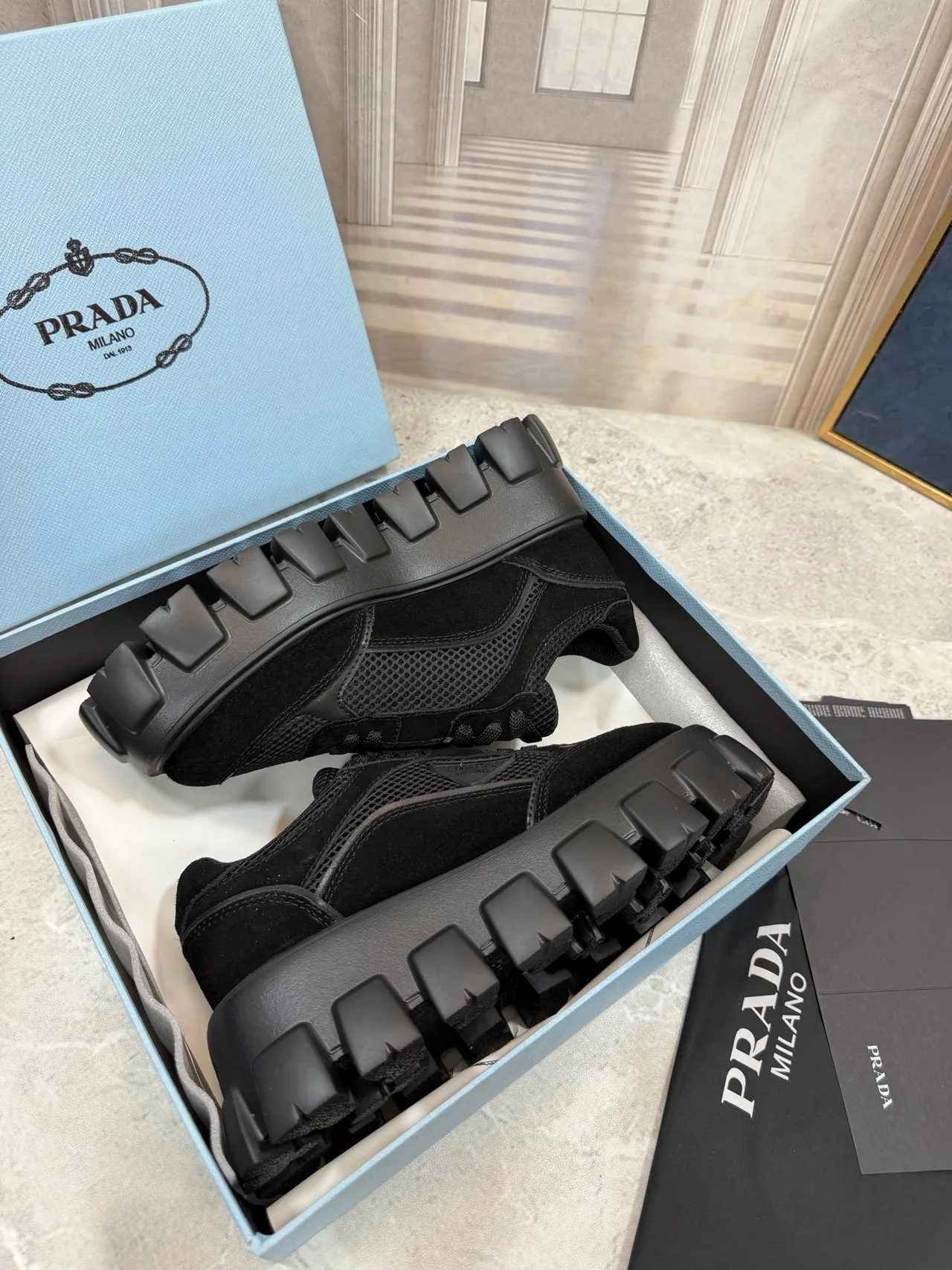 Prada Ribbed Lace-Up Sneakers in Black · view 6