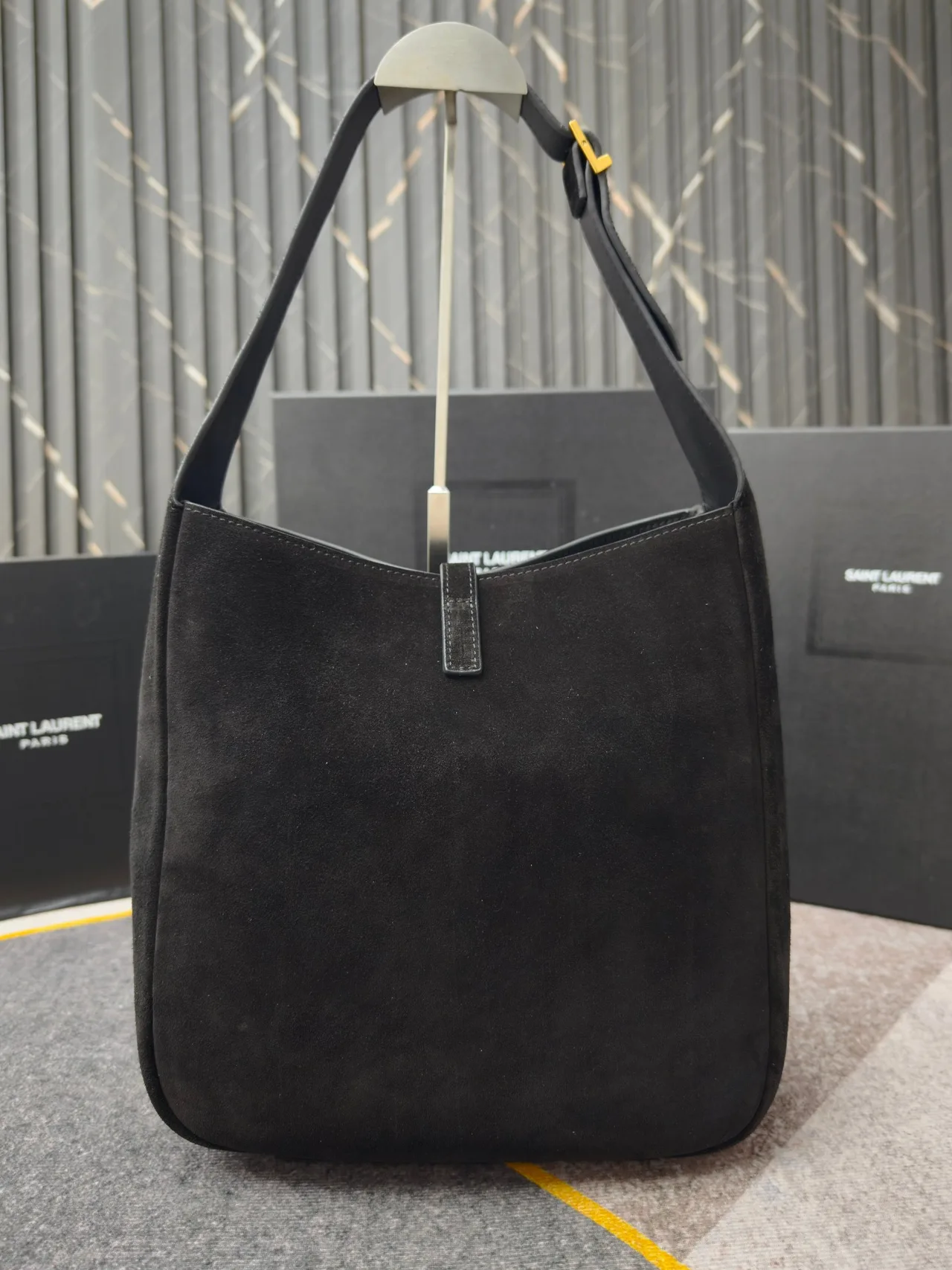 Saint Laurent Glossy Suede-Look Hobo Bag in Black · view 4