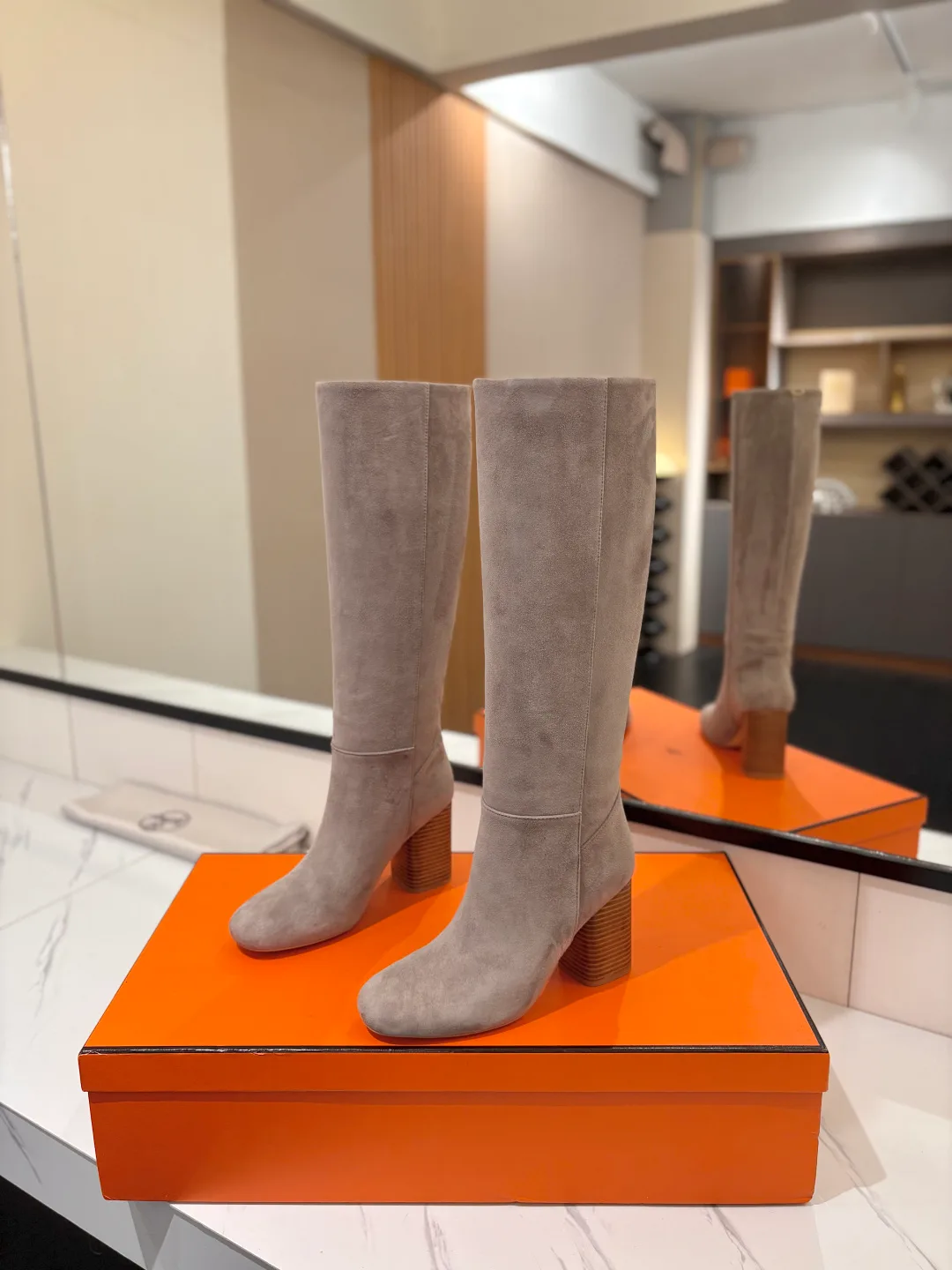 Hermes Cowhide Knee-High Boots in Grey · view 2