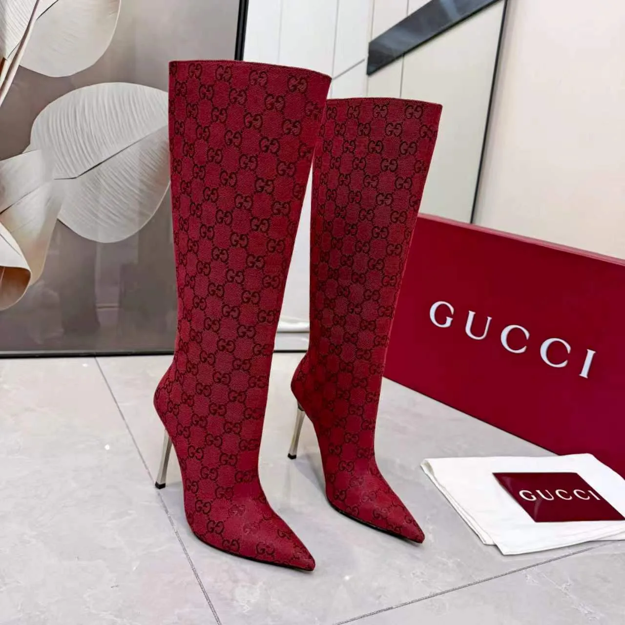 Gucci Cowhide Pointed-Toe Knee-High Boots in Red · view 1