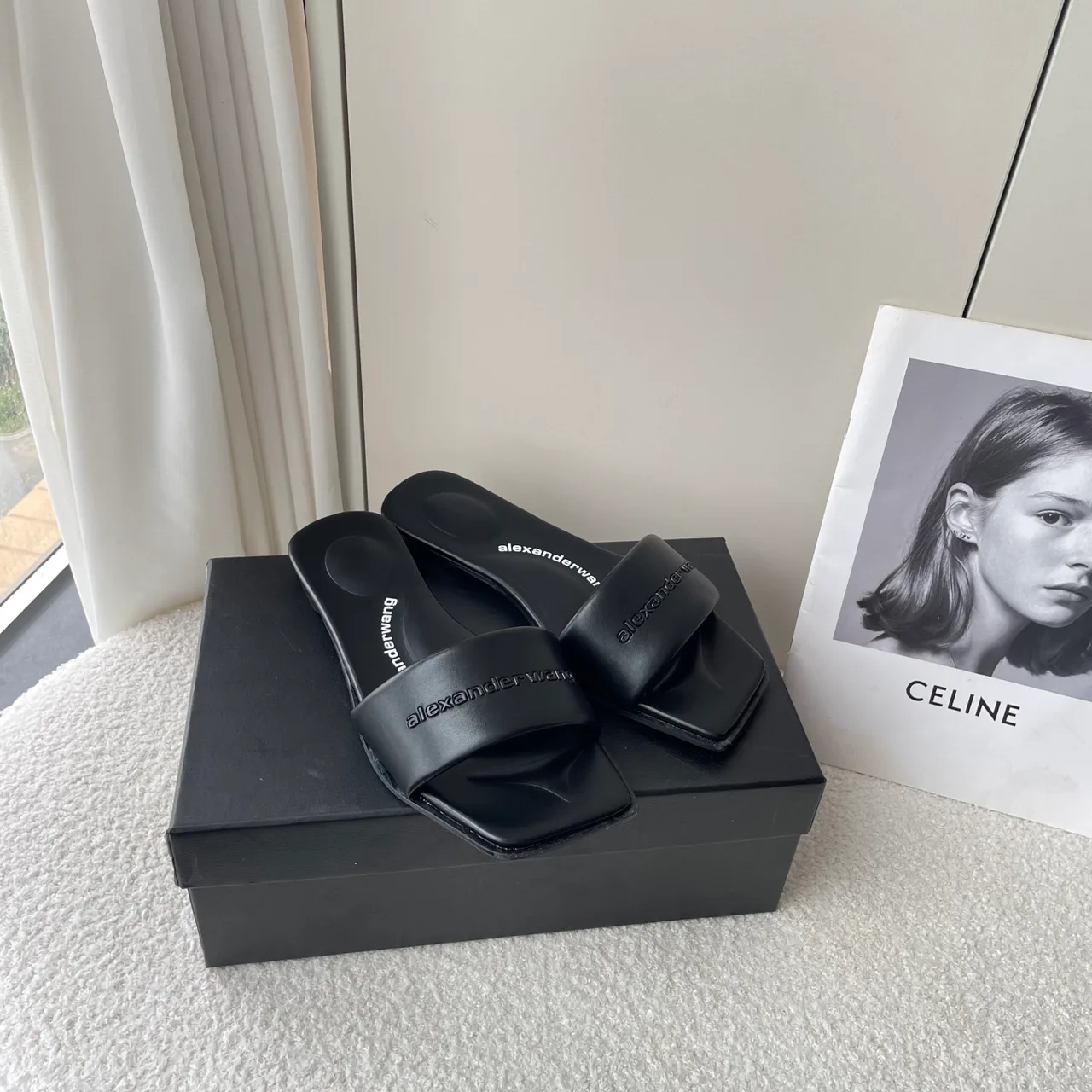 Alexander Wang Denim Logo Slide Sandals in Black · view 3