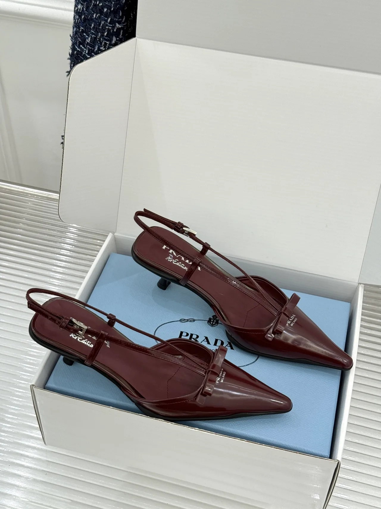 Prada Lambskin Pointed Slingback Pumps in Burgundy · view 4