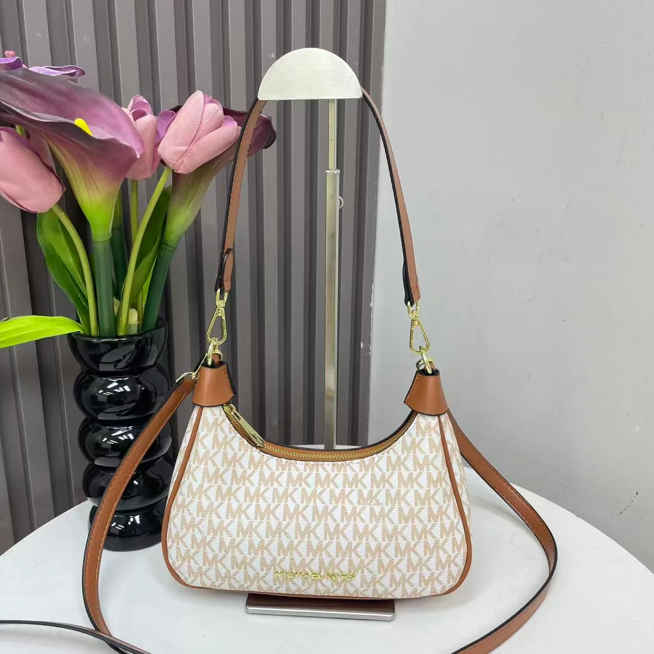 Michael Kors MK Crescent Shoulder Bag in Grey & Brown & White & Beige · view 6