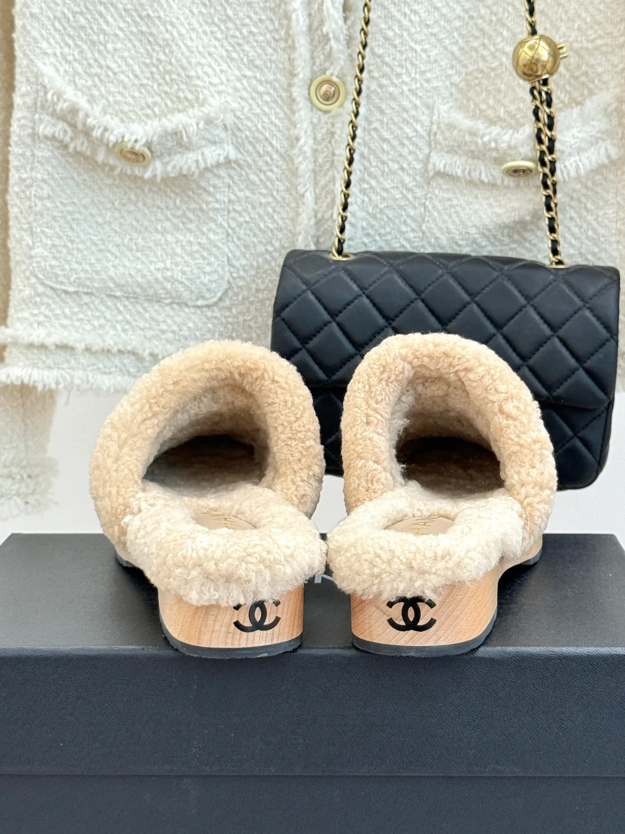 Chanel Patent Leather Wool Mules in Beige · view 6