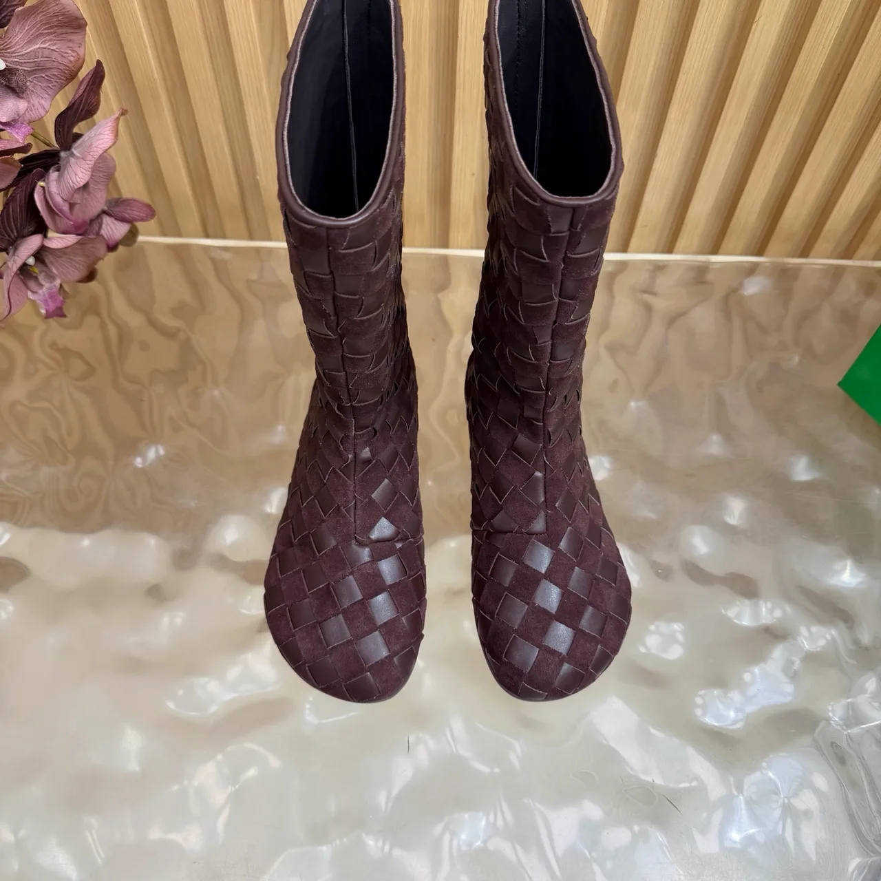 Bottega Veneta Woven Glossy Pointed-Toe Ankle Boots in Brown · view 5