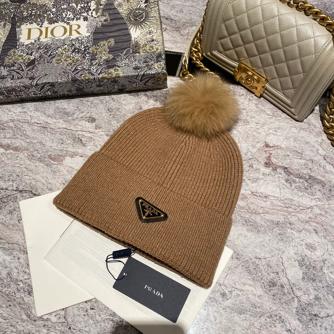 Prada Pom-Pom Beanie in Black & White & Cream & Tan & Grey & Red · view 4