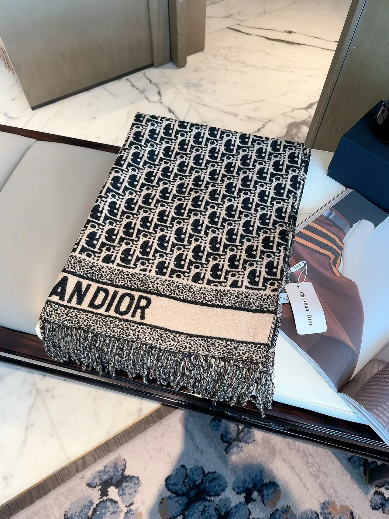 Dior Oblique Fringe Scarf in Grey & Beige · view 7