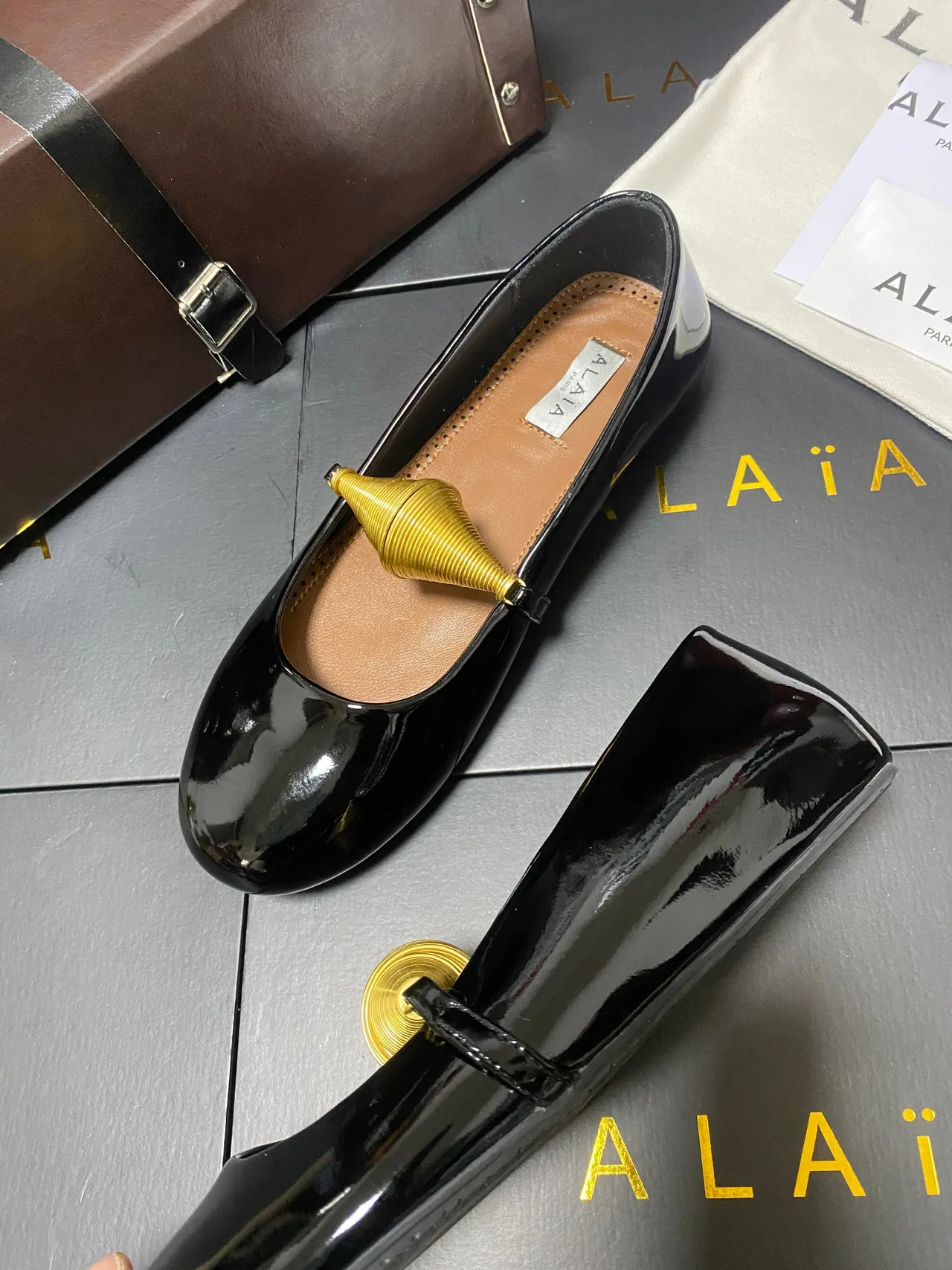 Alaia Cowhide Sheepskin Glossy Square-Toe Mary Jane Flats in Black · view 5