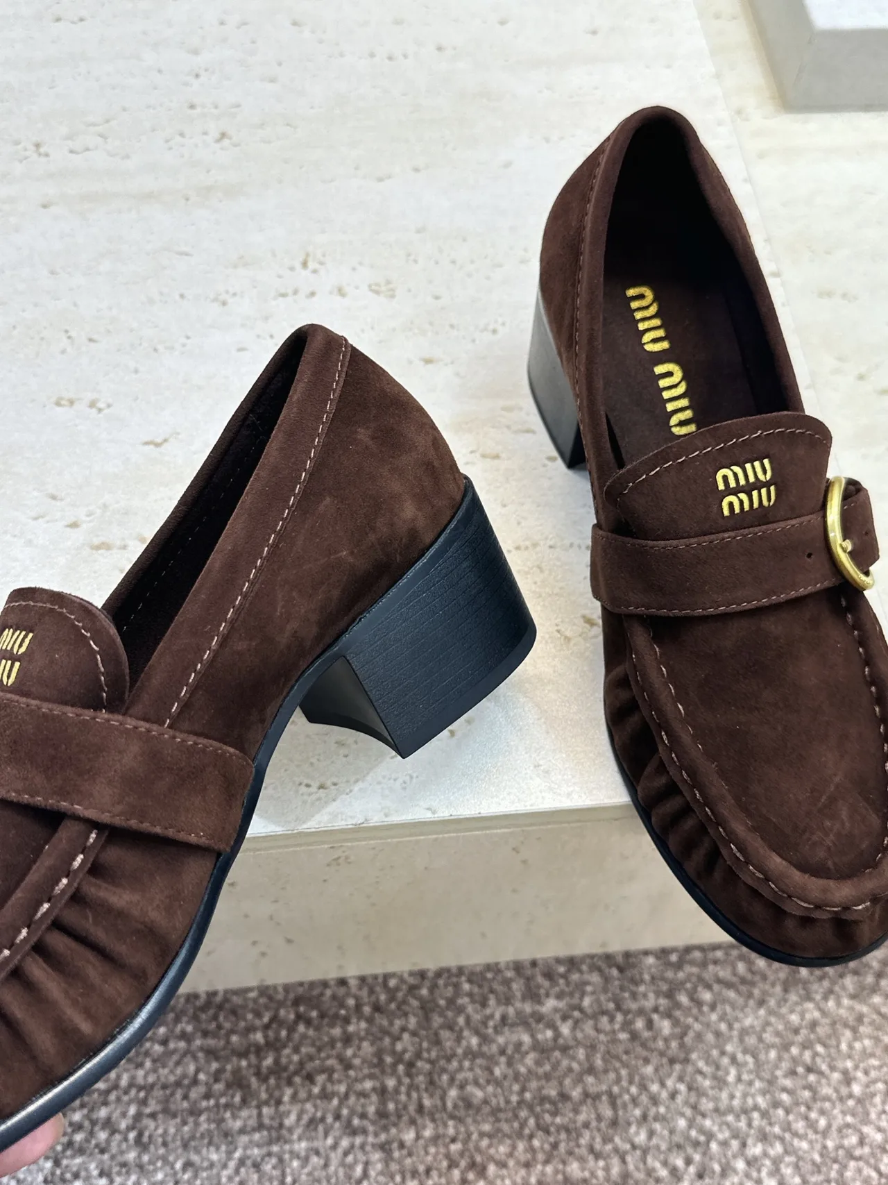 Miu Miu Cowhide Sheepskin Buckle Suede Heeled Loafers in Brown · view 7