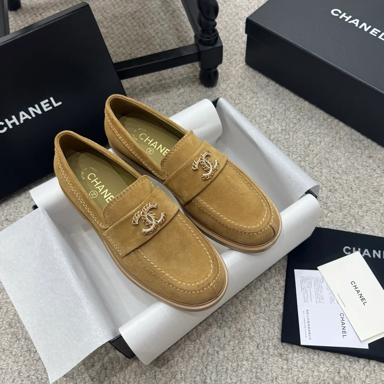 Chanel Cowhide Suede-Look Loafers in Brown · view 2