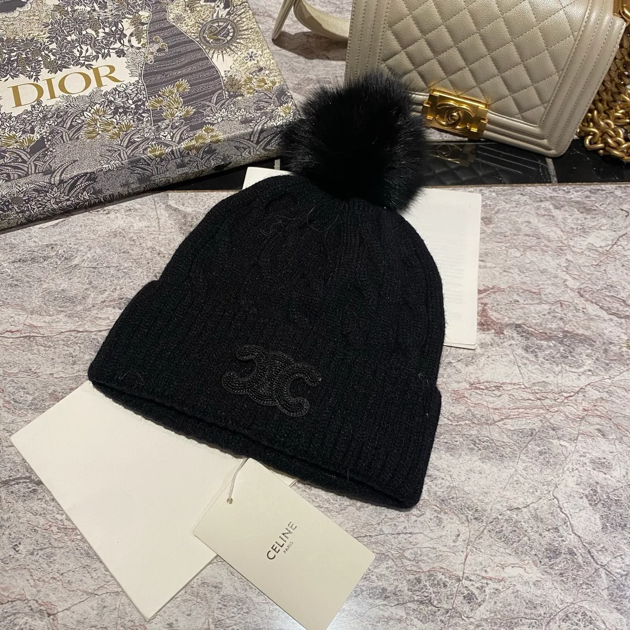 Celine Triomphe Pom Beanie in Black & White & Grey & Brown & Blue & Red & Pink · view 1