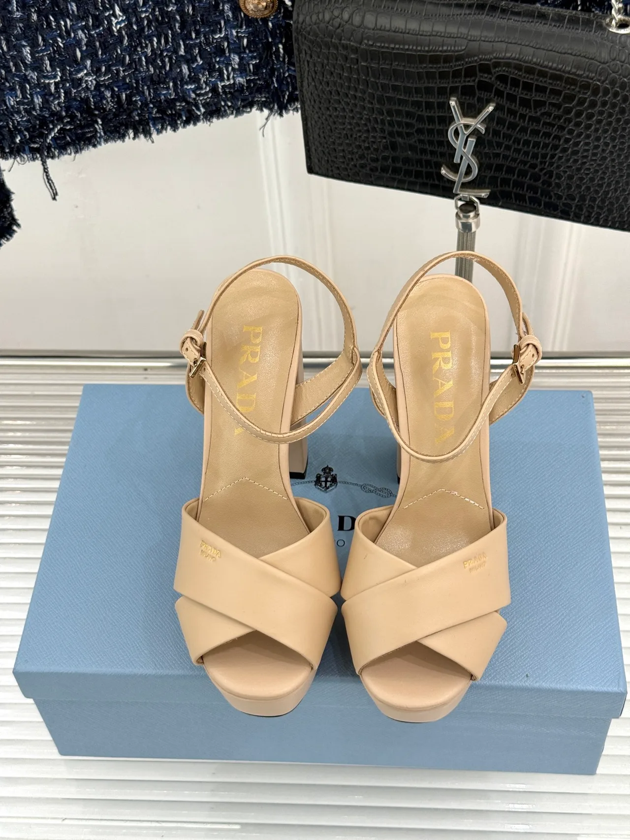 Prada Denim Sandals in Beige · view 4