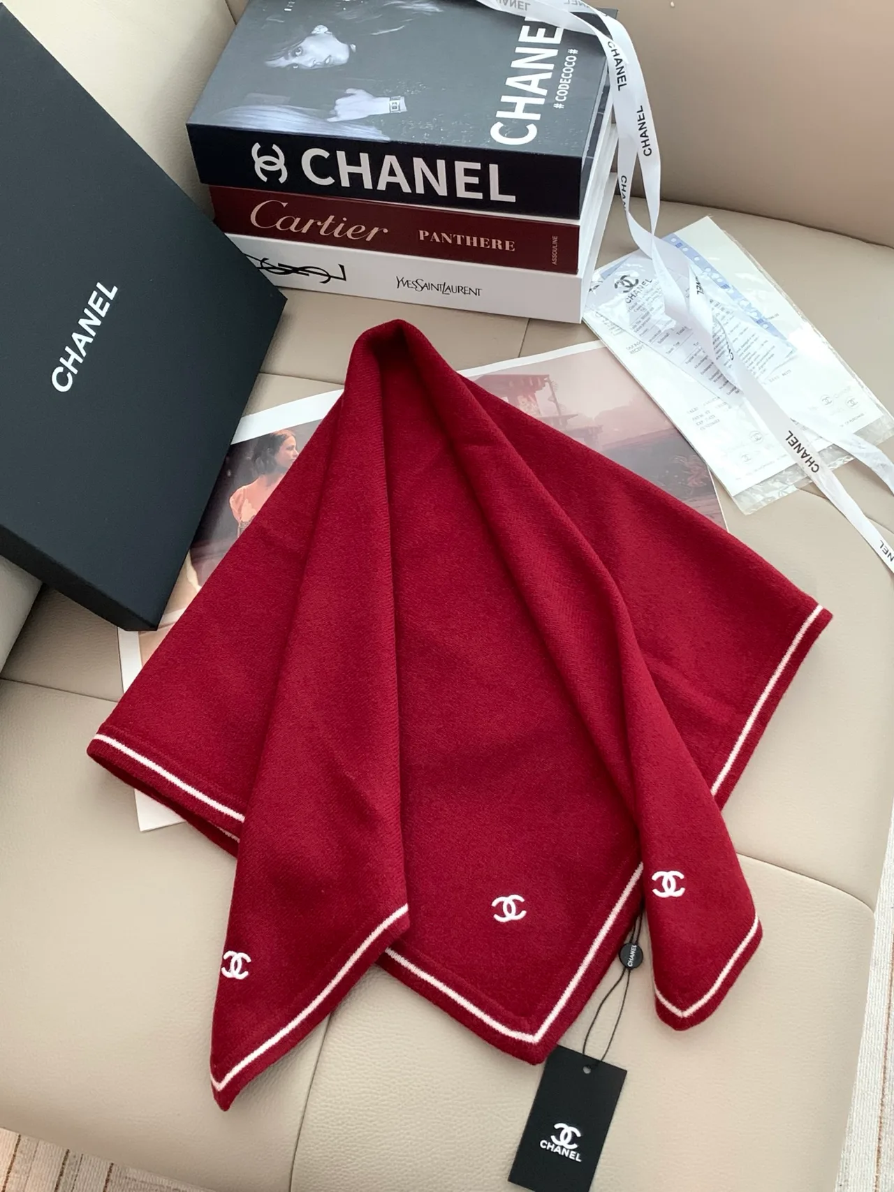 Chanel Square Scarf in Burgundy & Black · view 5