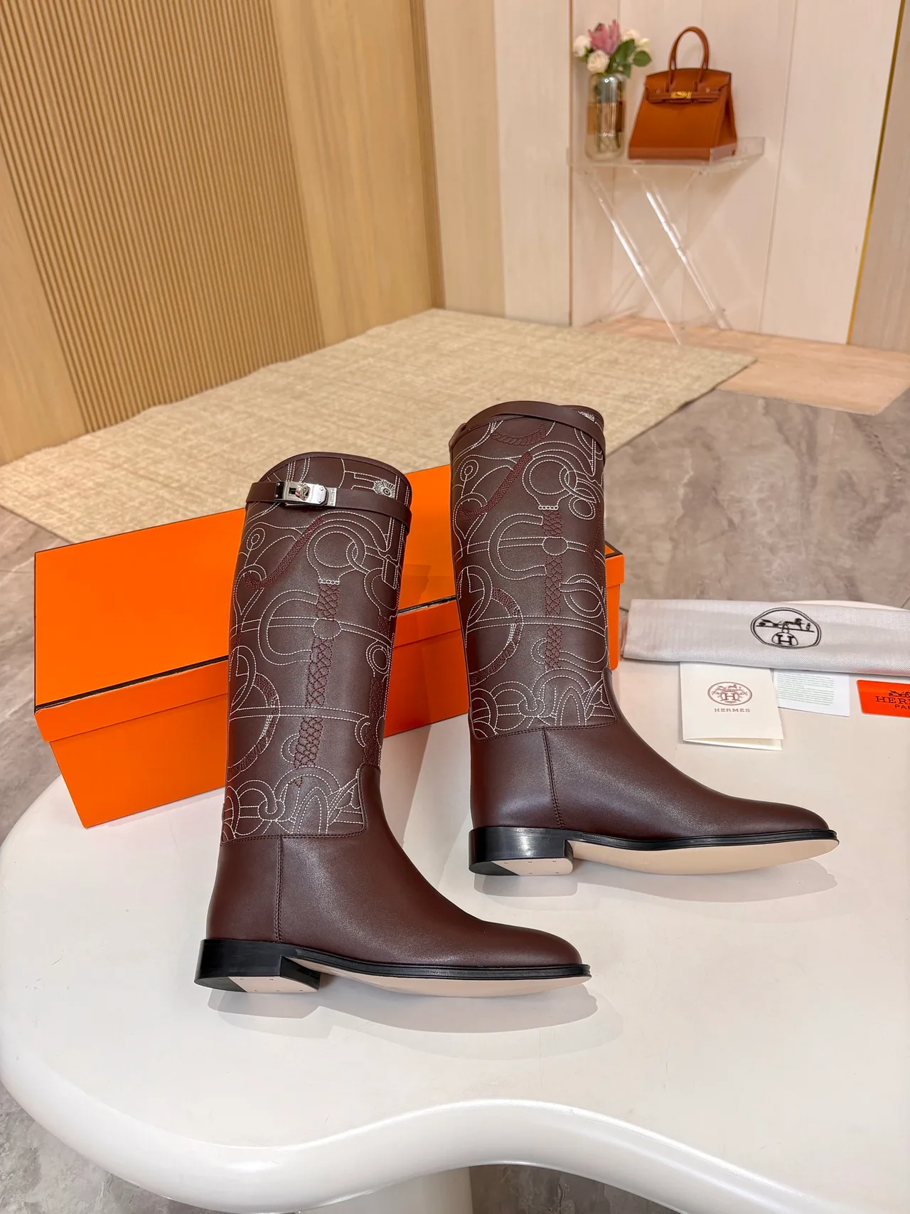 Hermes Cowhide Glossy Embroidered Pointed-Toe Boots in Brown · view 3