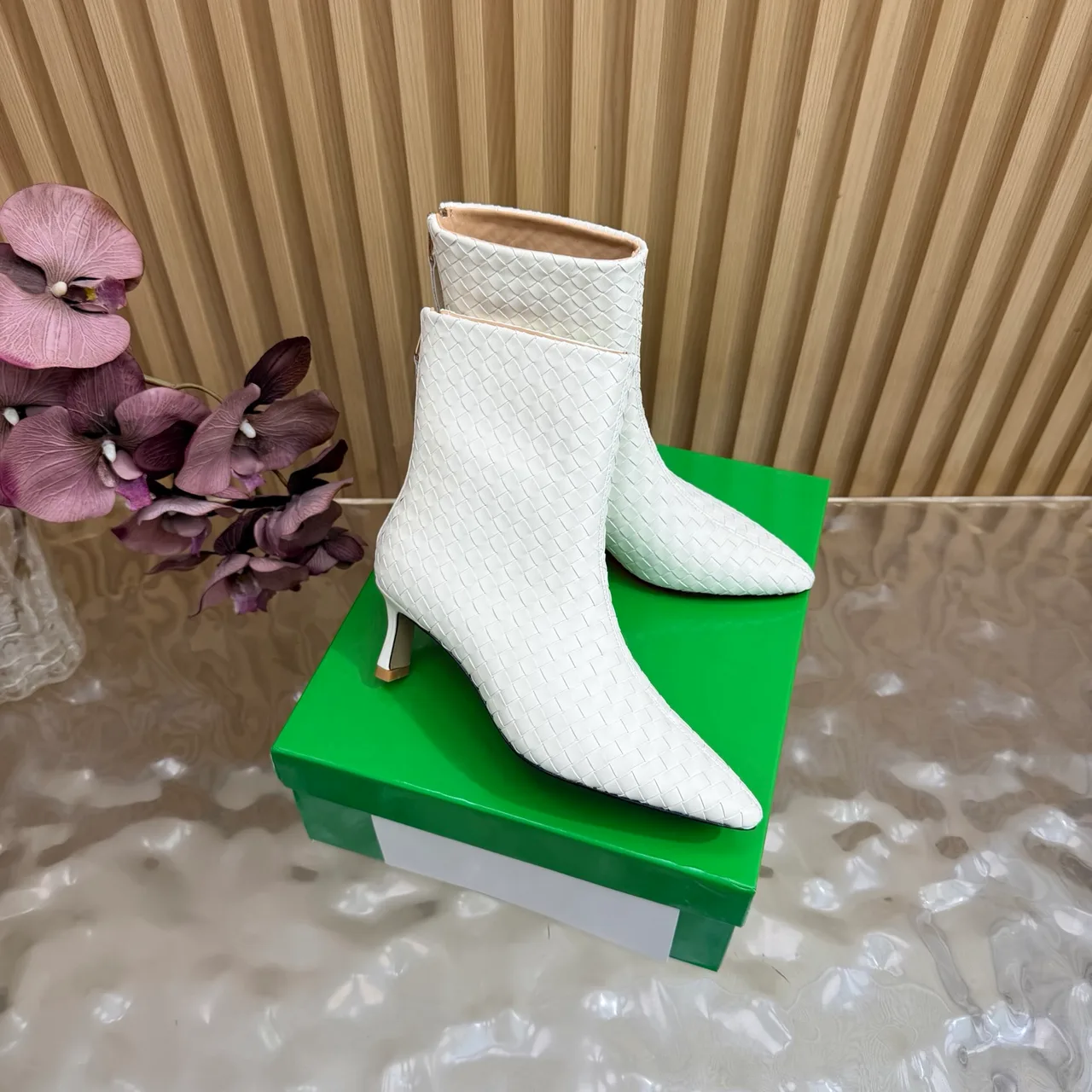 Bottega Veneta Pointed-Toe Woven Ankle Boots in White · view 2