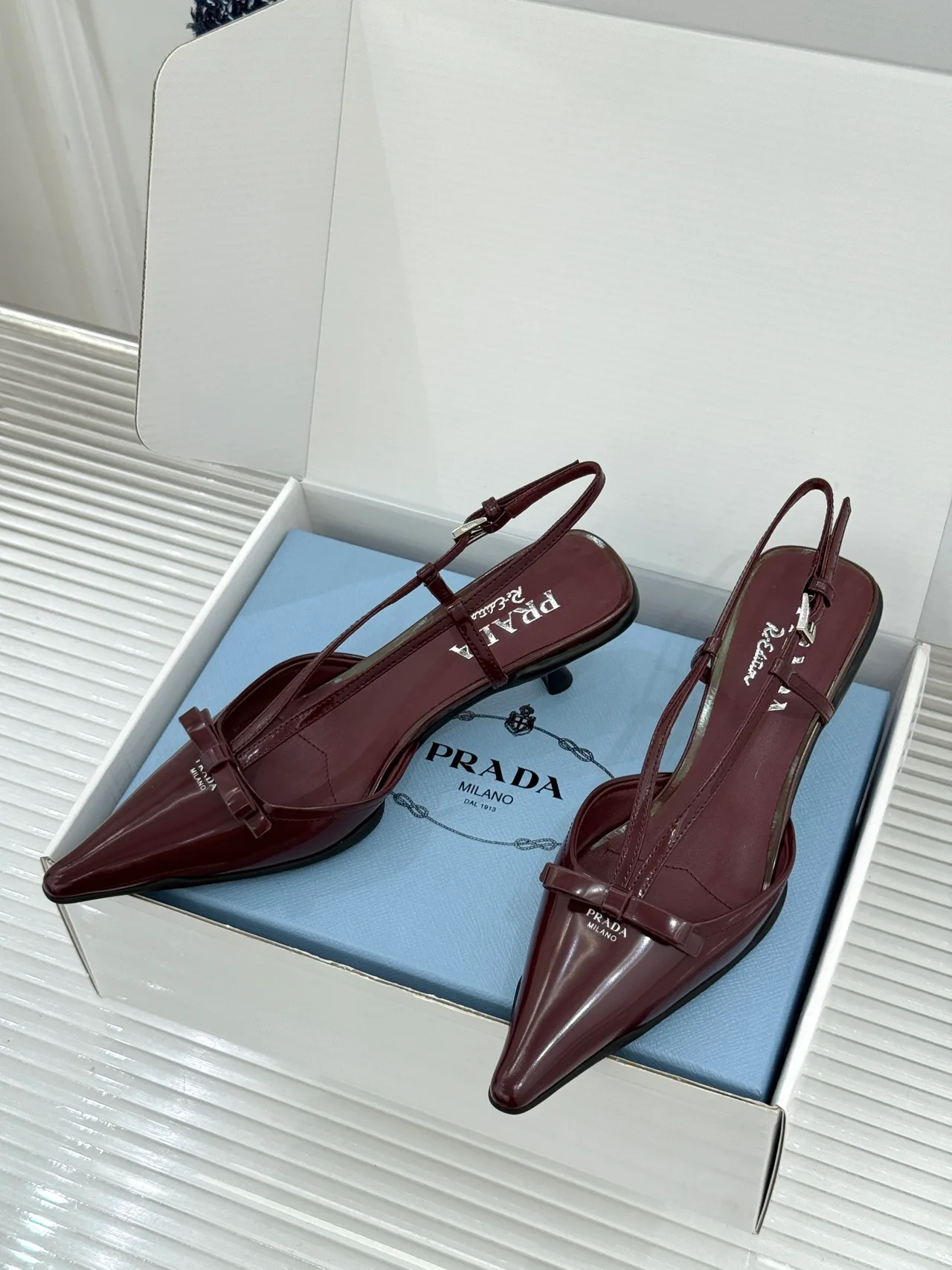 Prada Lambskin Pointed Slingback Pumps in Burgundy · view 3