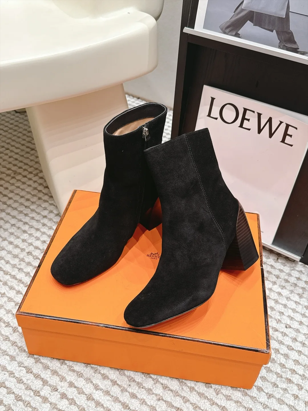 Loewe Suede-Look Square-Toe Ankle Boots in Black · view 5