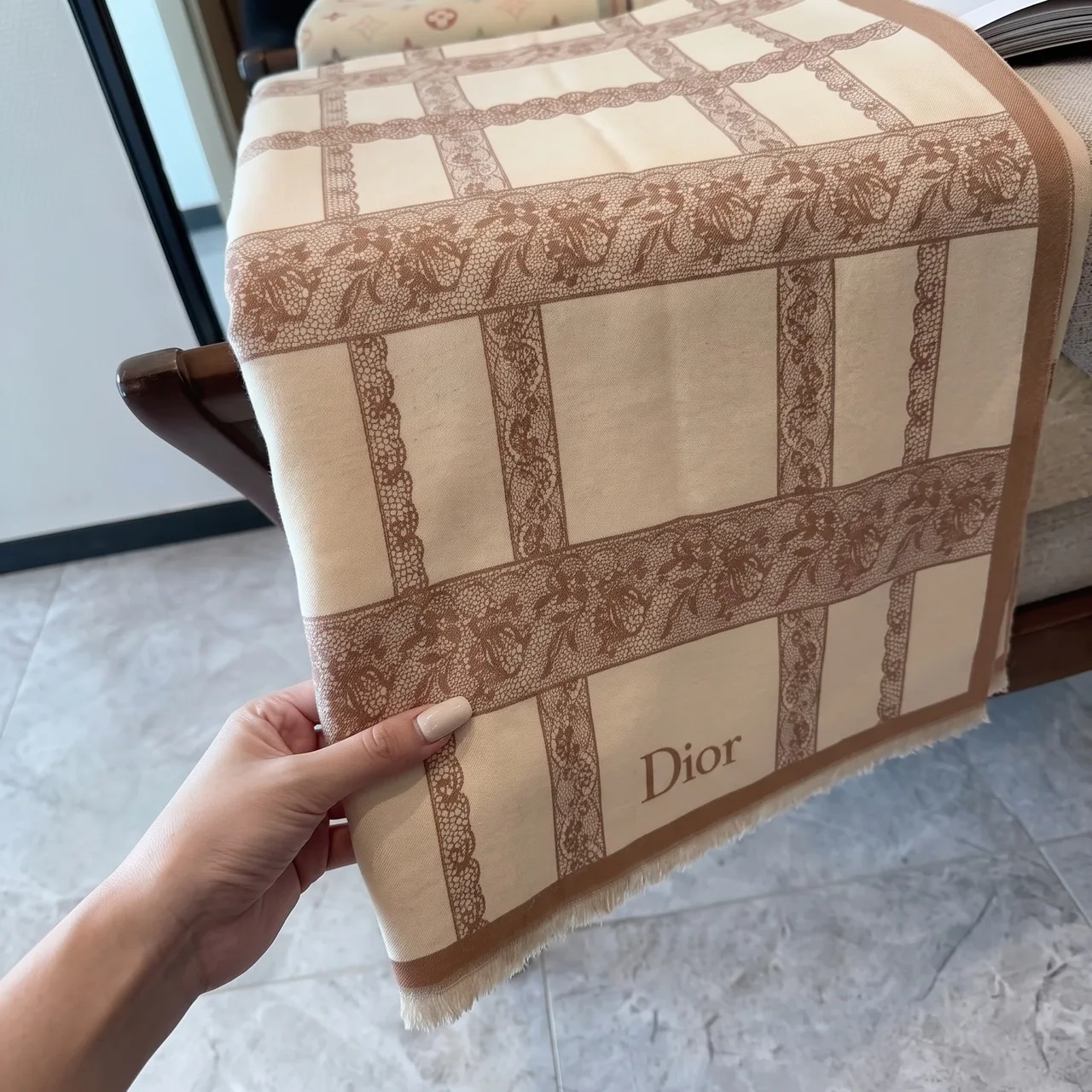 Dior Lace Check Scarf in Beige · view 8