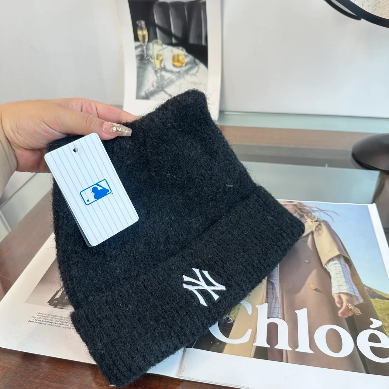 NY Letter Fuzzy Knit Beanie in Black · view 7