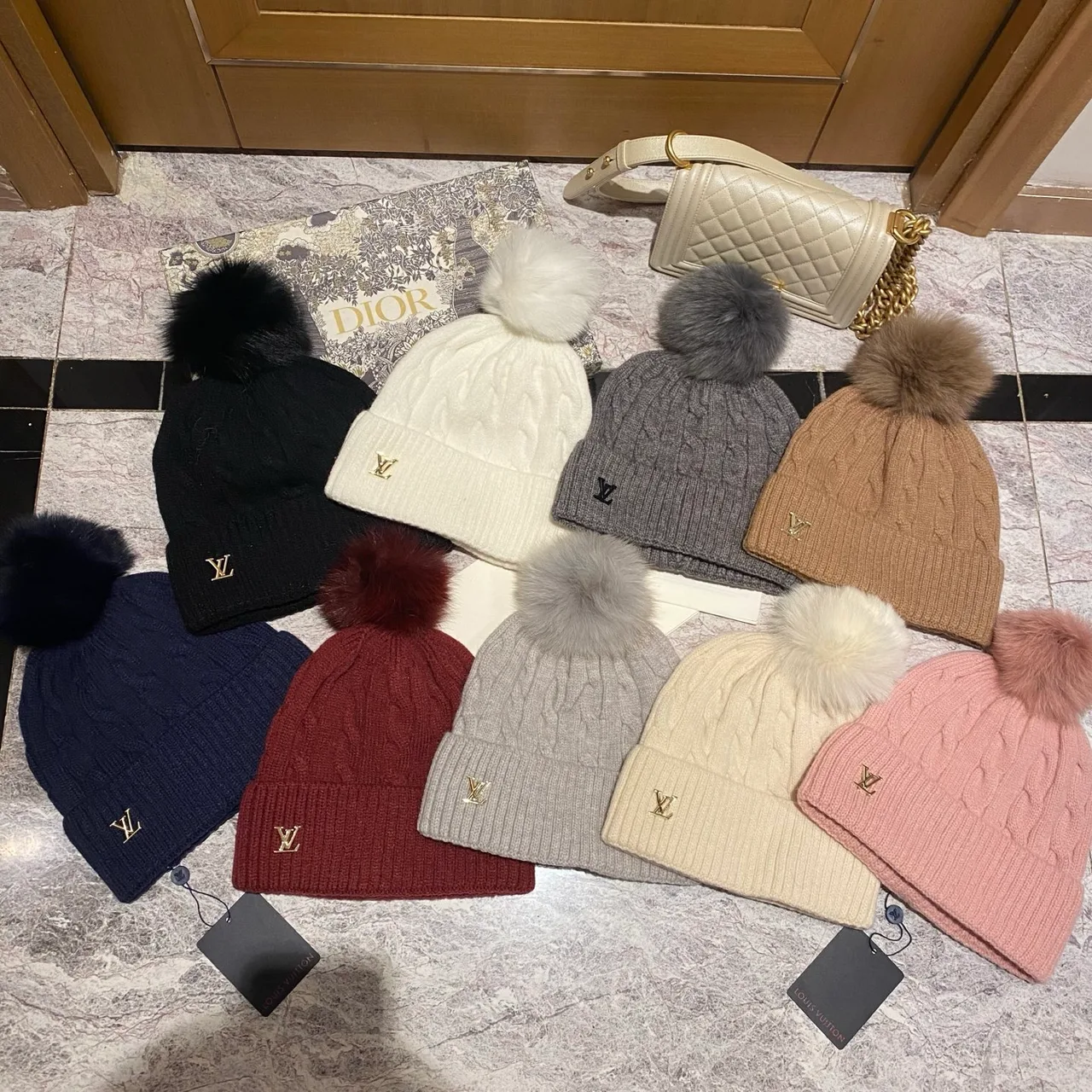 Louis Vuitton Cable knit pom beanie in Black & White & Blue & Burgundy & Cream & Grey & Brown & Pink · view 8
