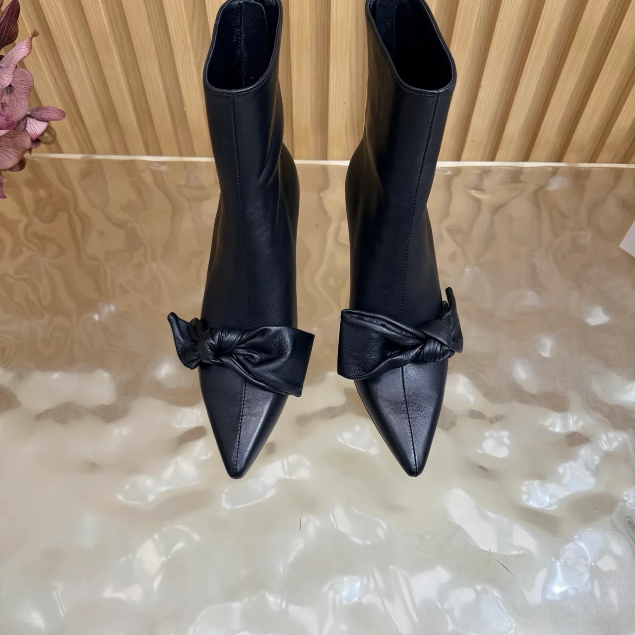 Jimmy Choo Cowhide Glossy Pointed-Toe Bow Knot Ankle Boots in Black · view 5