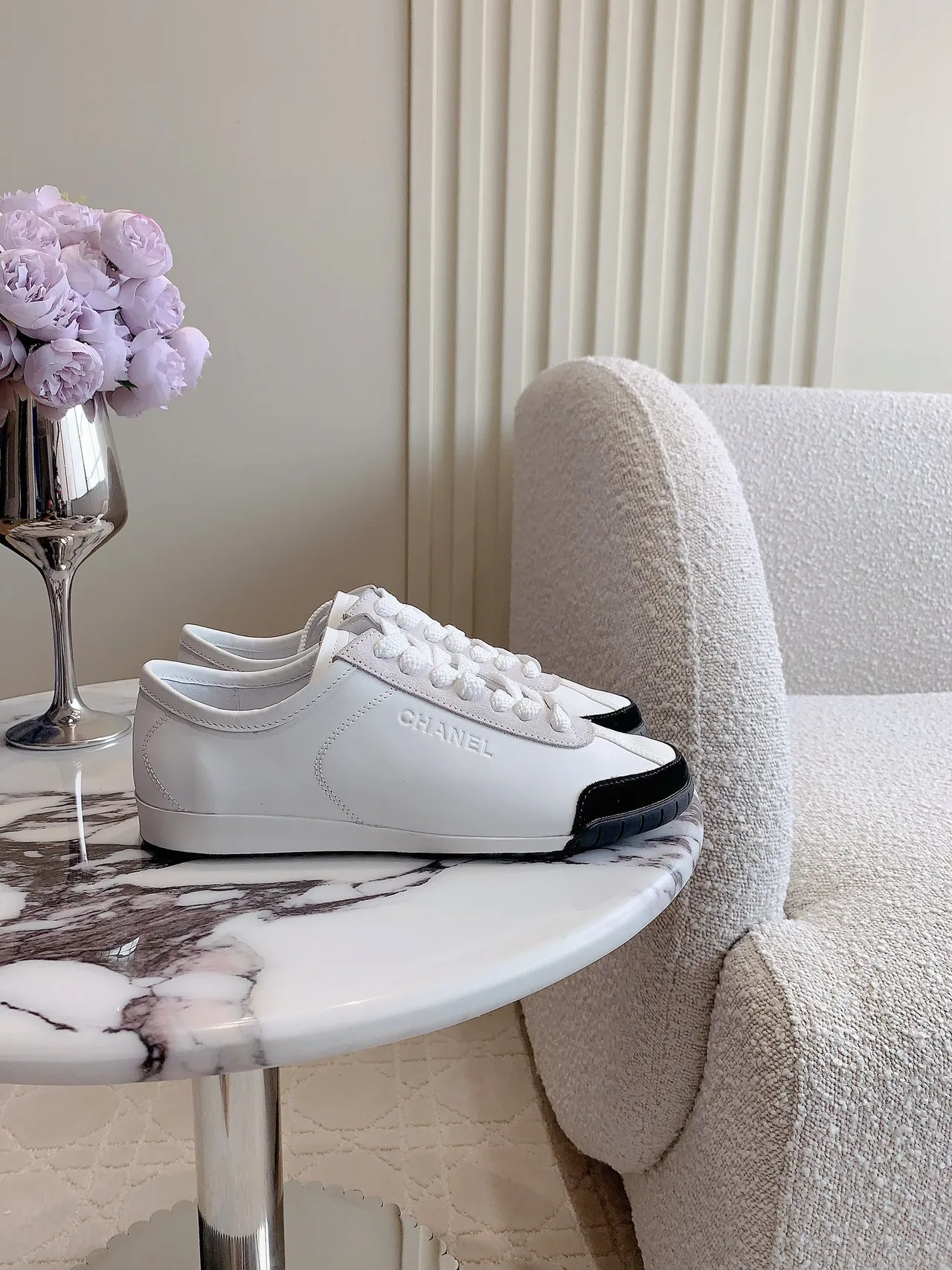 Chanel Cowhide Glossy Sneakers in White · view 2