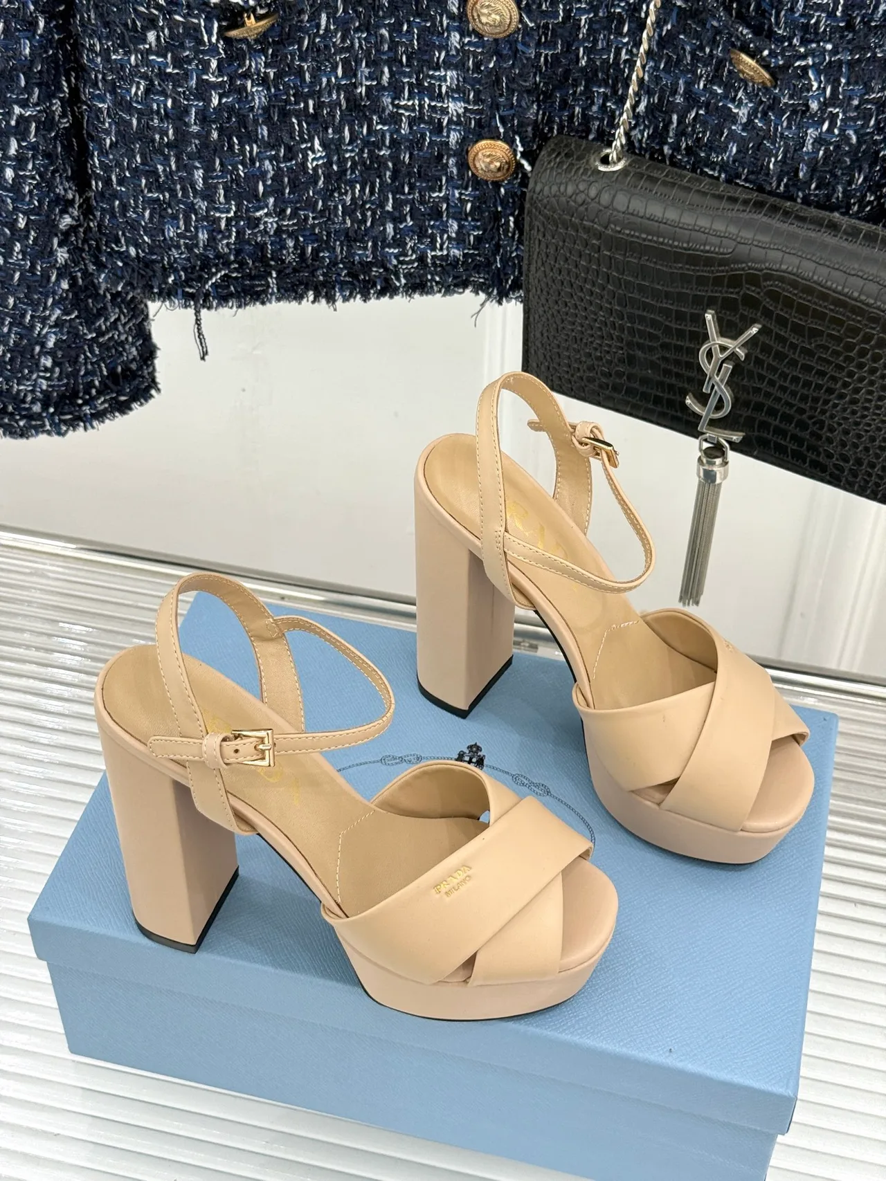 Prada Denim Sandals in Beige · view 3