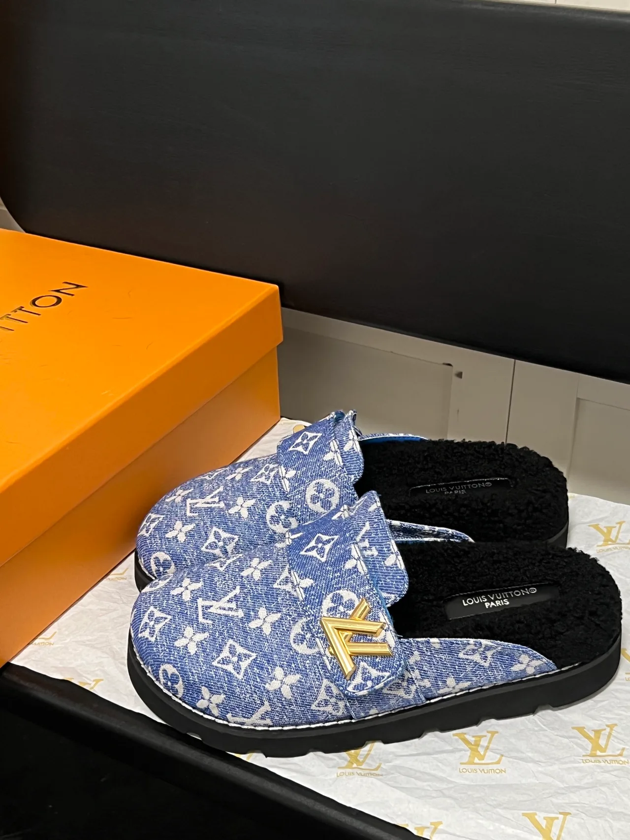 Louis Vuitton Monogram Lace-Up Buckle Slippers in Blue · view 3