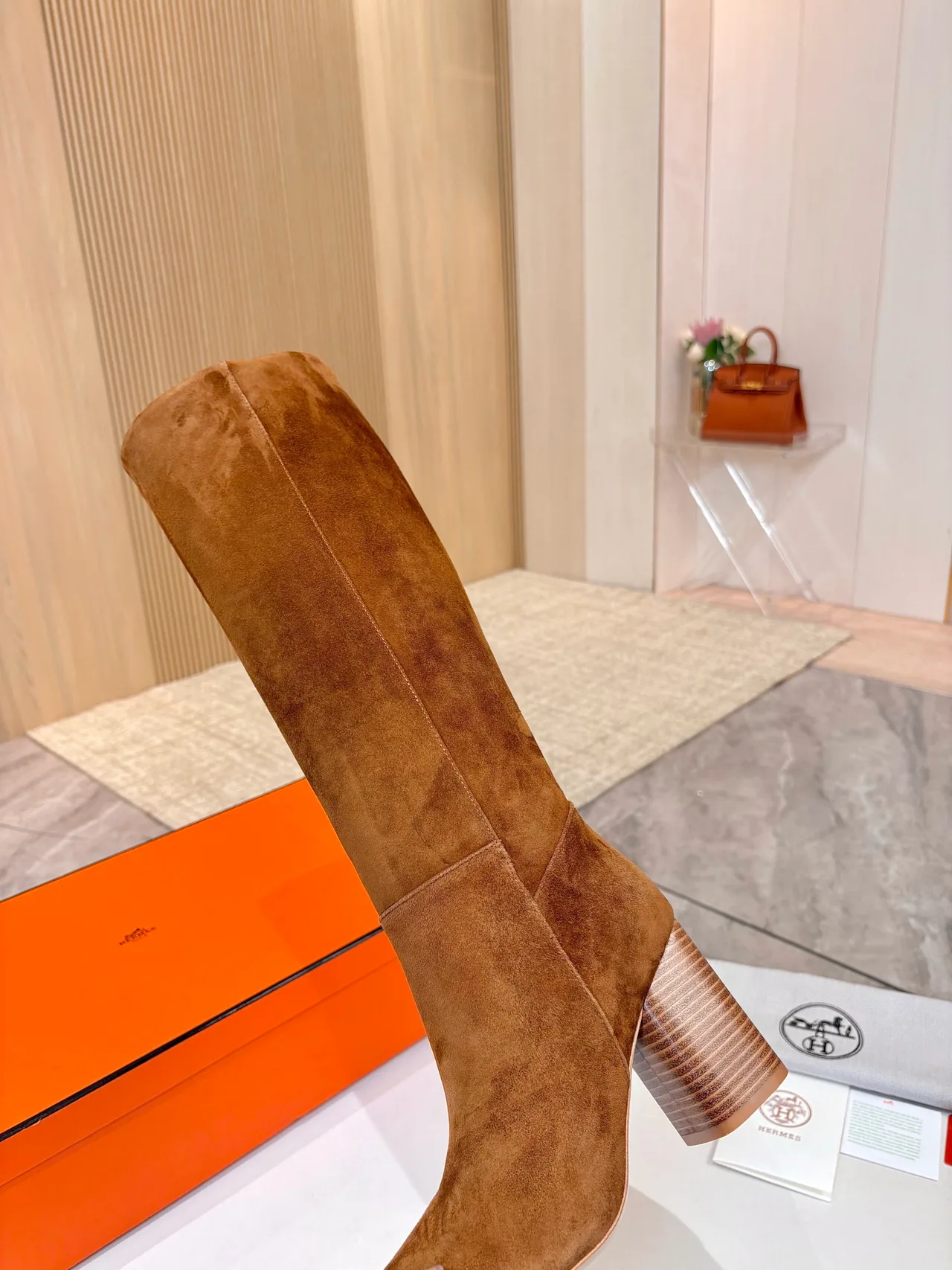 Hermes Suede-Look Round-Toe Knee-High Boots in Brown · view 8