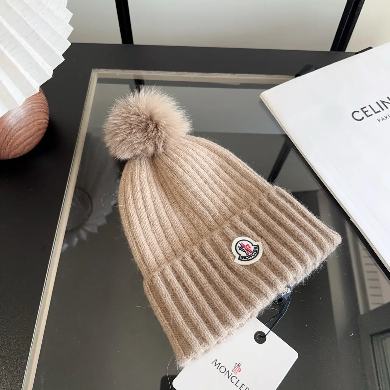 Moncler Ribbed Beanie in Beige · view 5