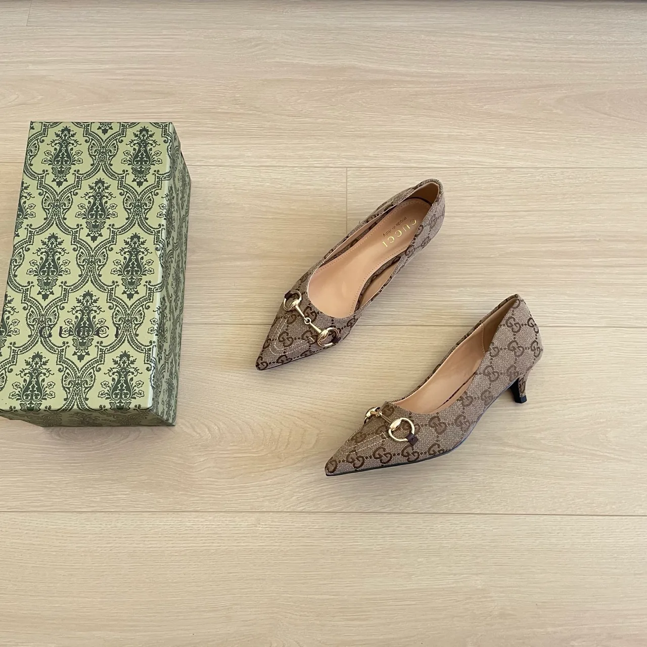 Gucci Canvas Pointed-Toe Monogram Kitten Heel Pumps in Beige · view 5