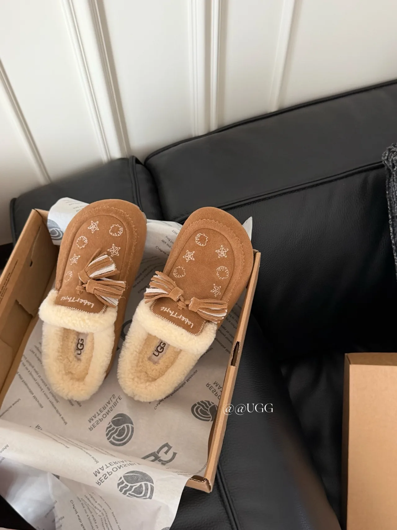 UGG Cowhide Smooth Tassel Slippers in Tan · view 3