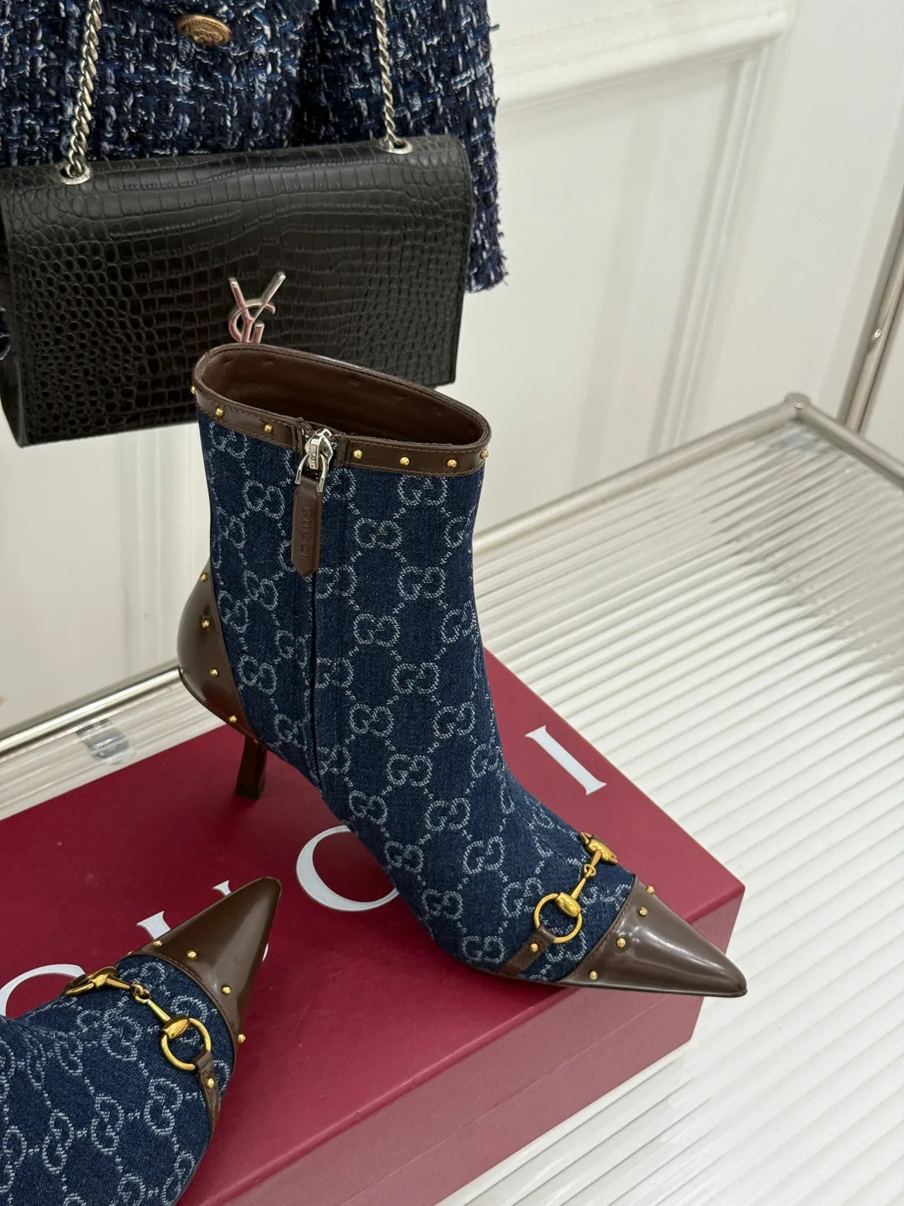 Gucci Sheepskin Canvas Ankle Boots in Blue · view 6