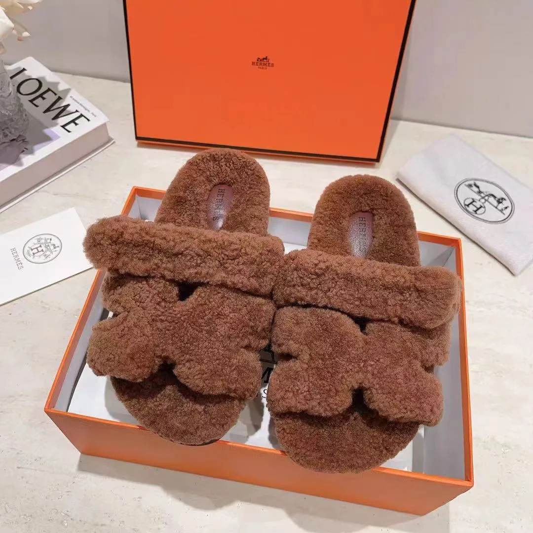 Hermes Sheepskin Chypre Shearling Slides in Brown · view 1