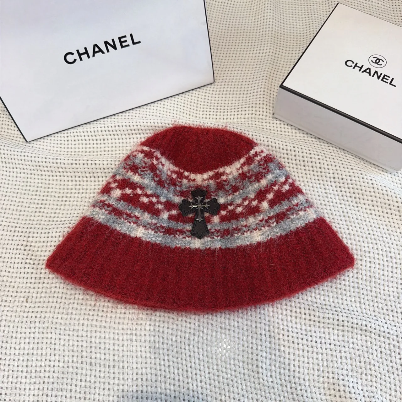 Chrome Hearts Knit Bucket Hat in White & Black & Red & Brown & Beige · view 3