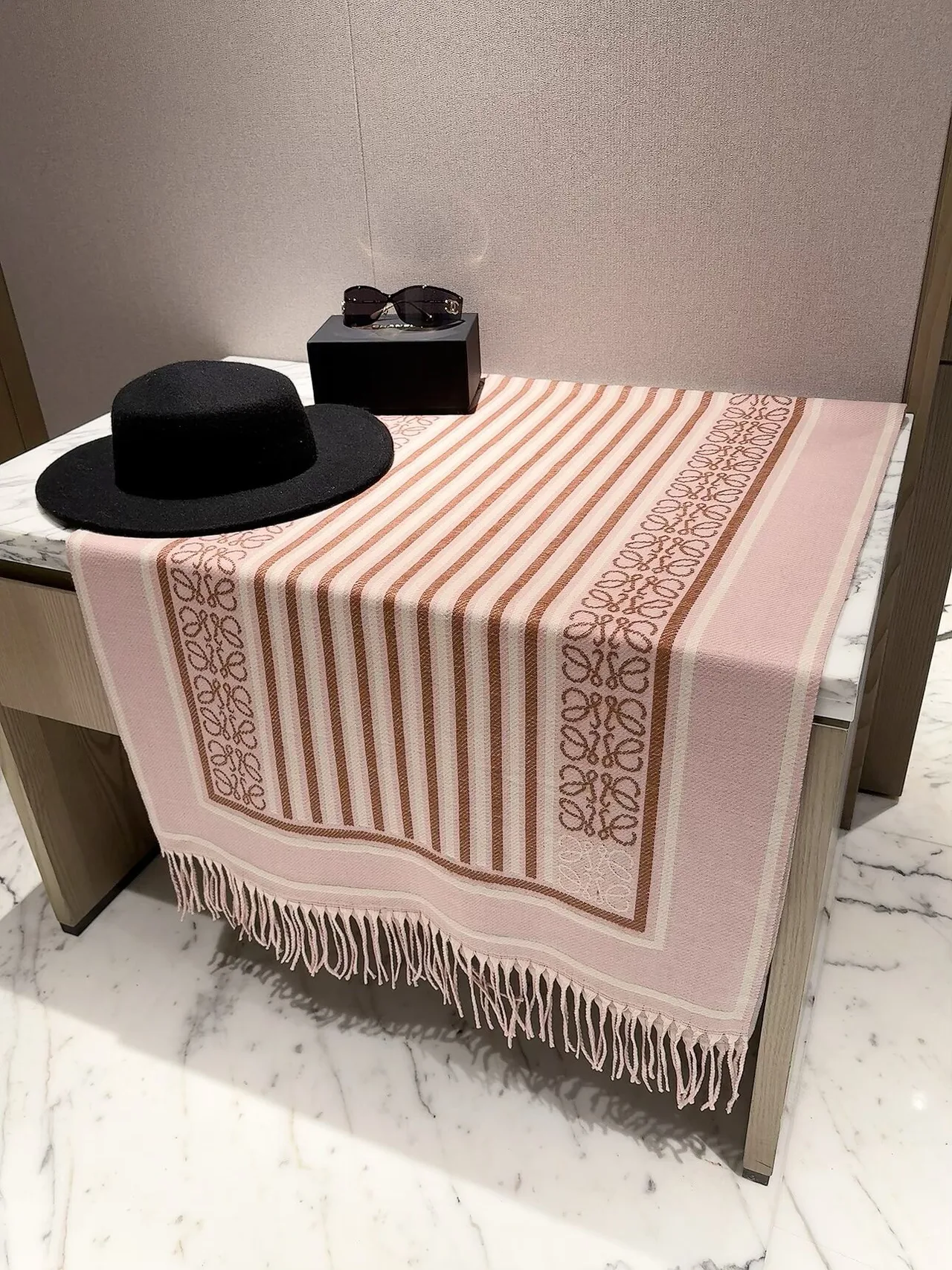 Loewe Striped Anagram fringed scarf in Pink & Brown · view 1