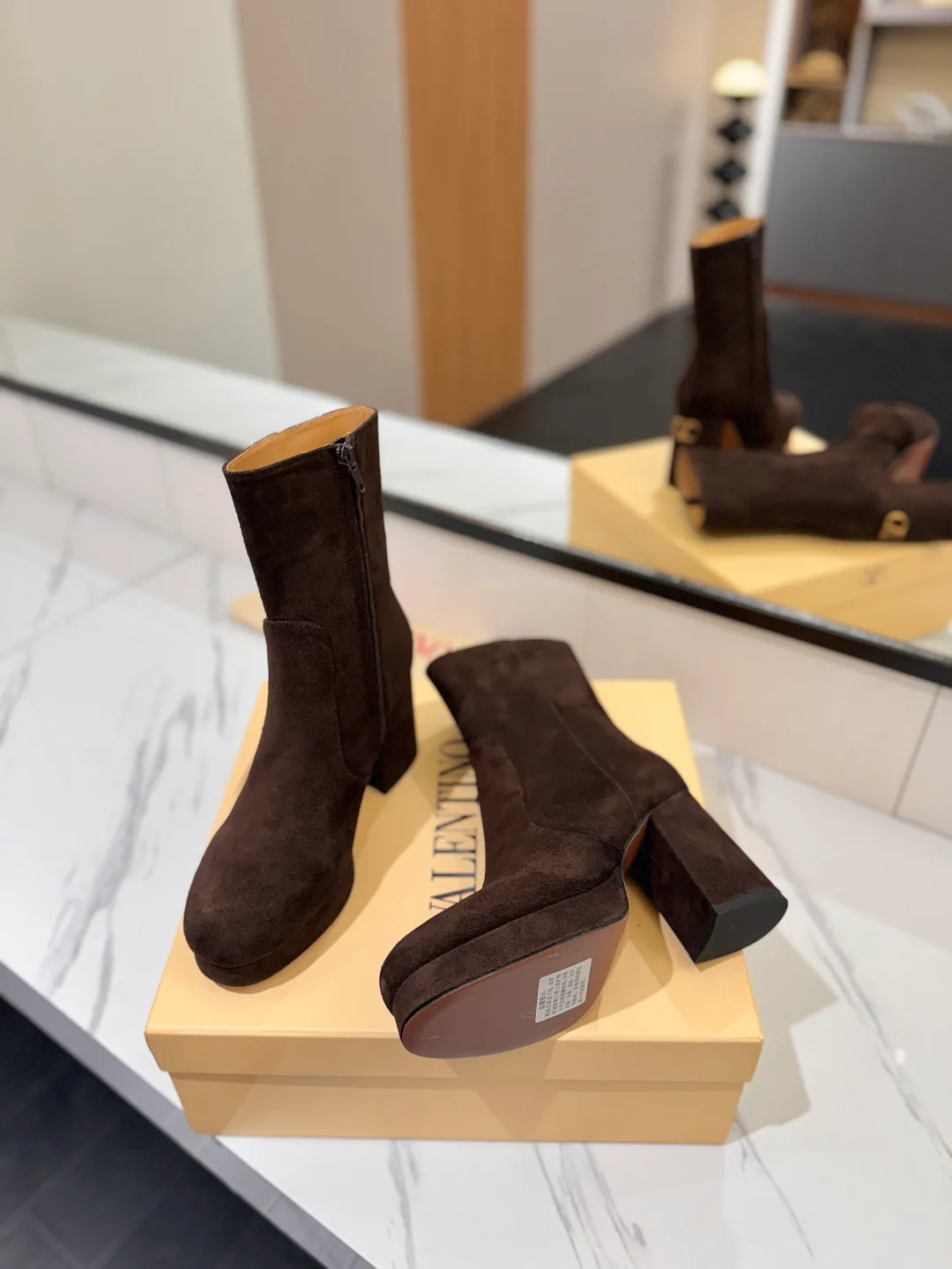Valentino Cowhide Suede-Look Round-Toe Ankle Boots in Brown · view 7