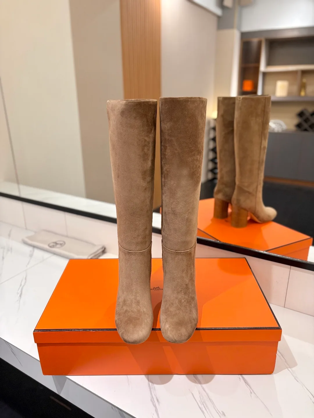 Hermes Cowhide Knee-High Boots in Grey · view 3